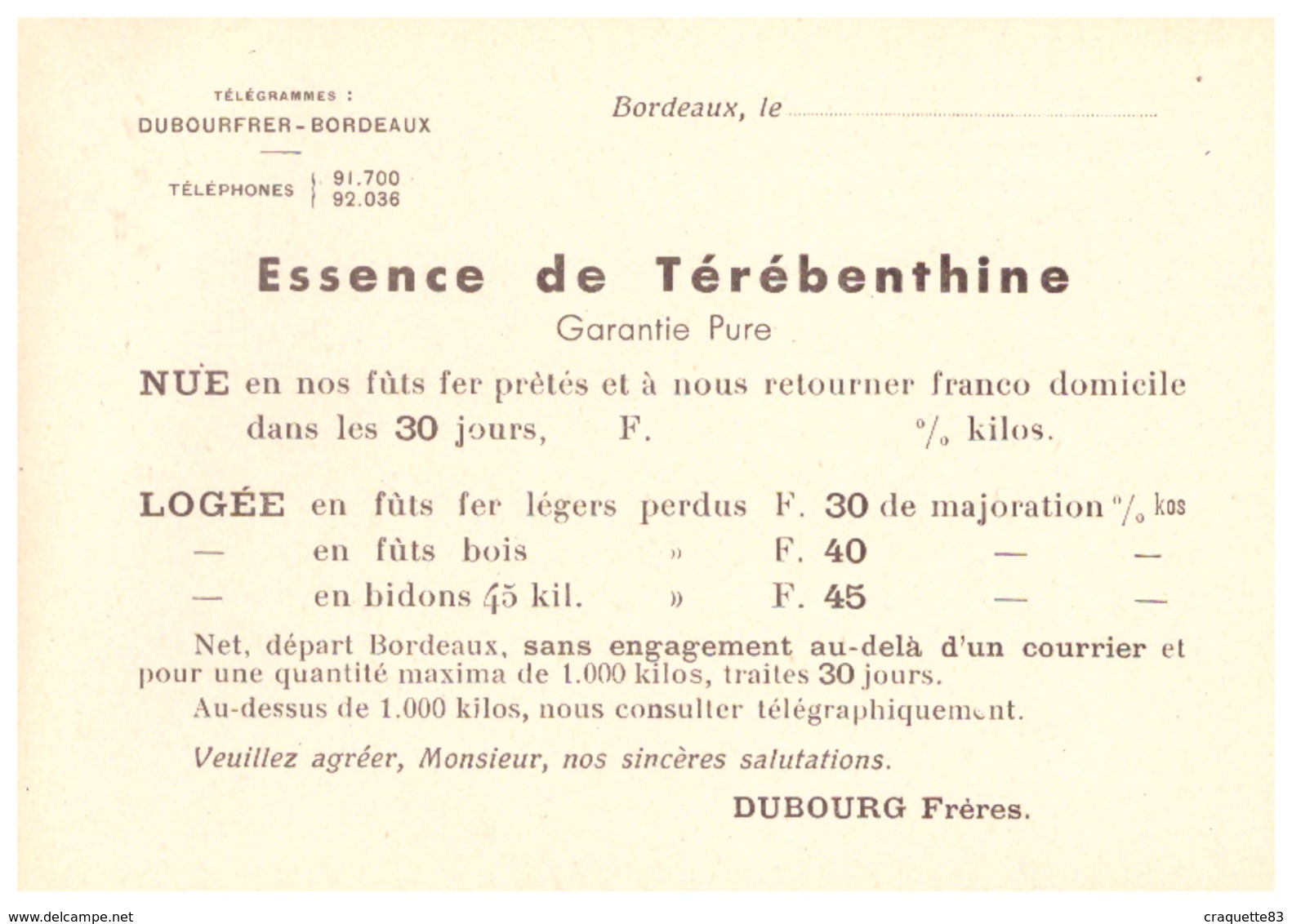 PRODUITS RESINEUX -DUBOURG FRERES  BORDEAUX -  ESSENCE DE THEREBENTHINE - Advertising