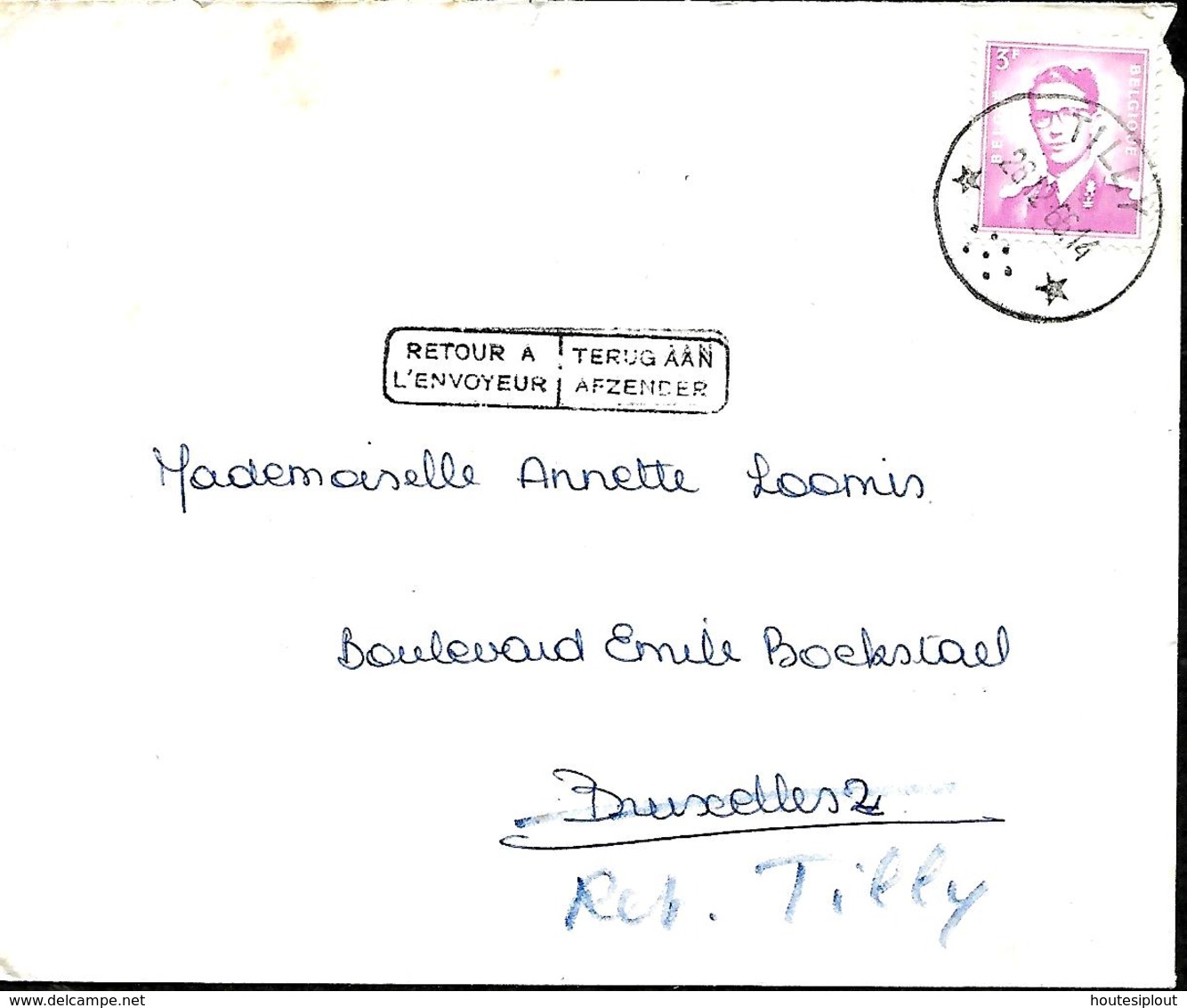 Belgique. TP 1067   L. DR Tilly > 1020 Bruxelles   Adresse Insuffisante, Retour  1966 - Cachets à étoiles