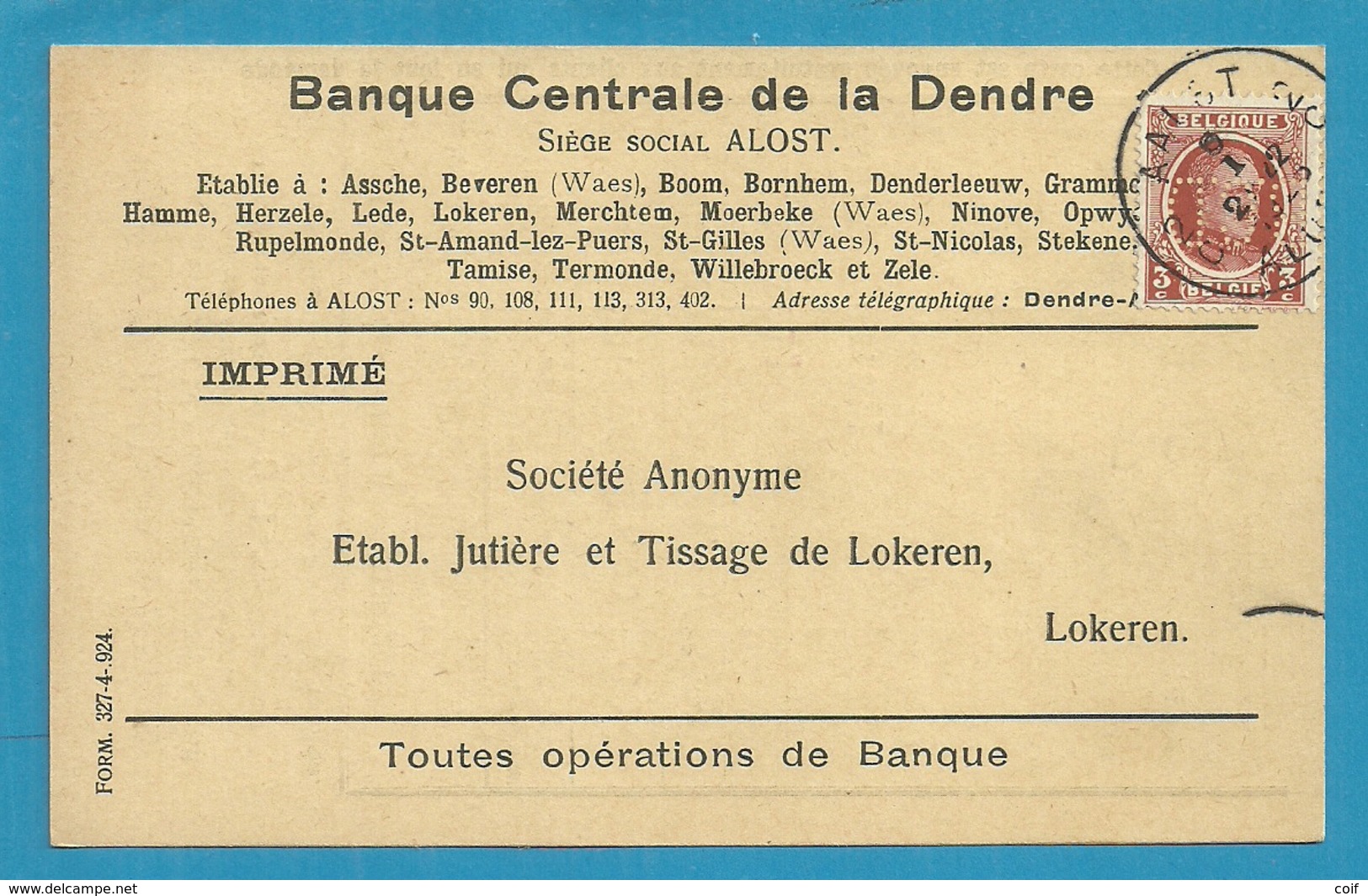 192 Op Kaart Met Firmaperforatie " B.C.D." Van Banque Centrale De La Dendre , Met Stempel AALST - 1922-1927 Houyoux