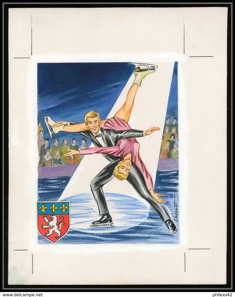 Maquette D'artiste (original Artist Drawing) CHESNOT France N°1665 Jeux Olympiques (olympic Games) Grenoble 1968 Skating - Epreuves D'artistes