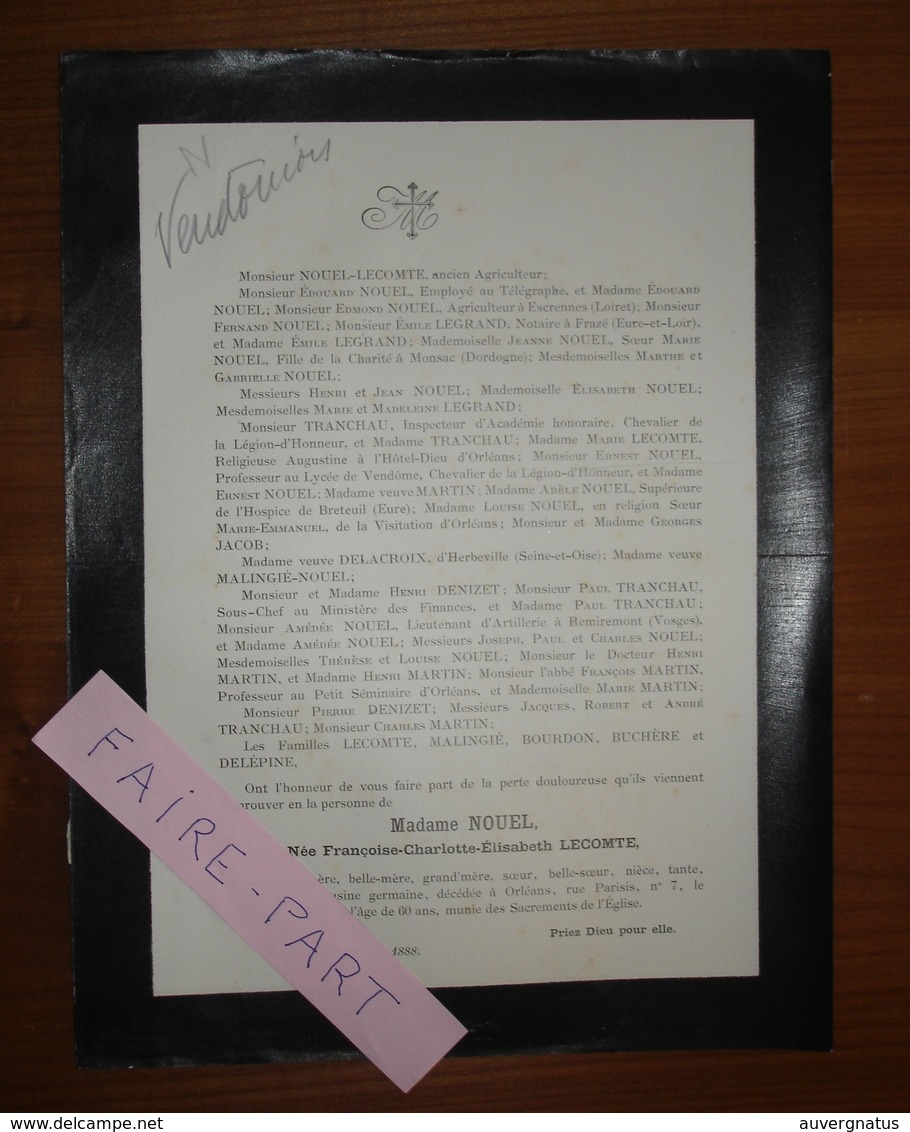 FAIRE-PART DECES 1888 NOUEL LECOMTE LEGRAND TRANCHAU MALINGIE Orléans Loiret * - Obituary Notices