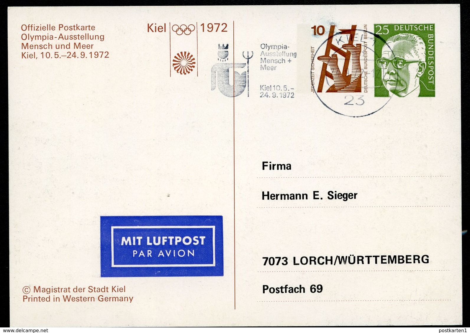 Bund PP53 D2/001 OLYMPIA AUSSTELLUNG Sost. Kiel 1972  NGK 200,00 € - Cartes Postales Privées - Oblitérées