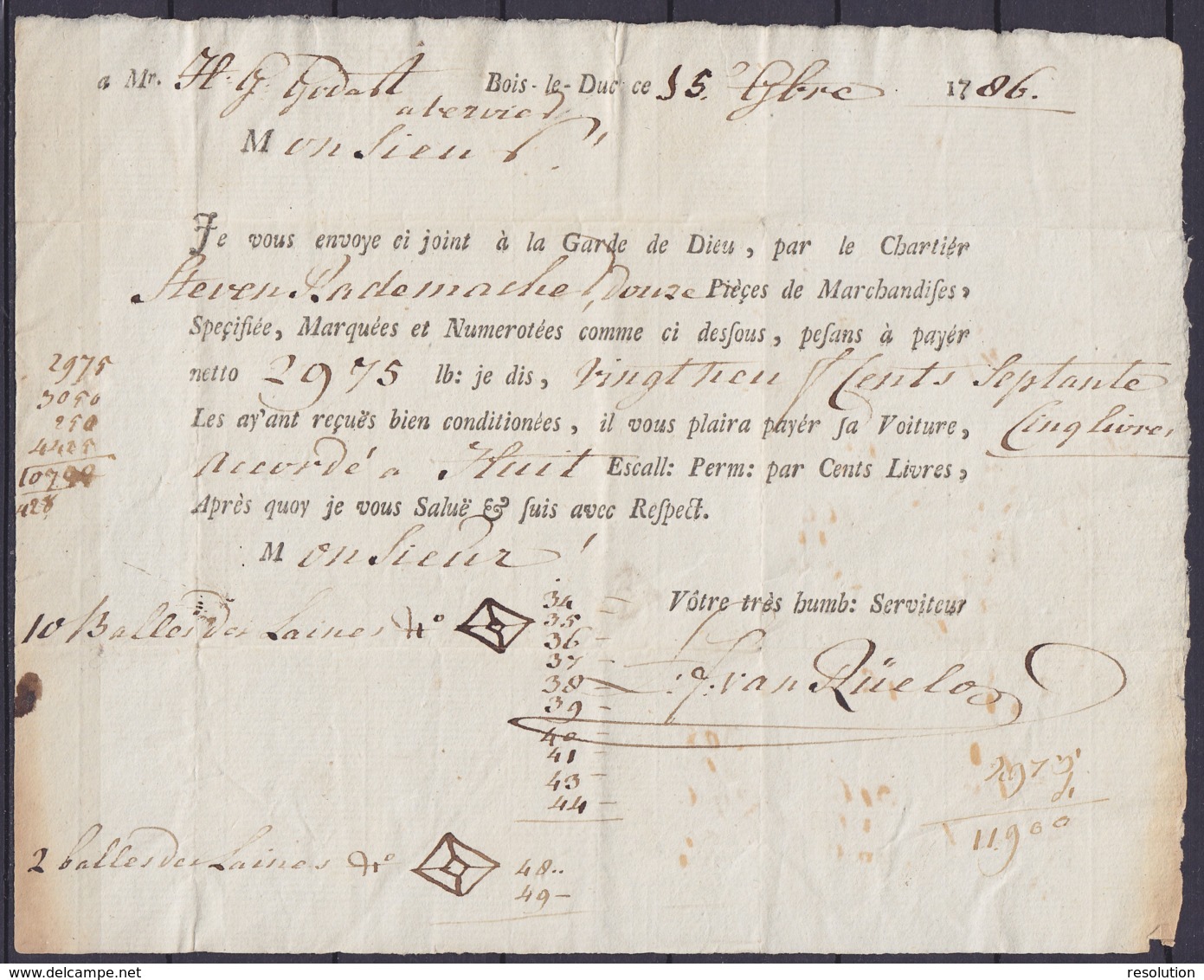 Lettre De Voiture Datée 1786 De BOIS-LE-DUC Pour VERVIERS "avec 12 Ballots De Laine" - 1714-1794 (Pays-Bas Autrichiens)