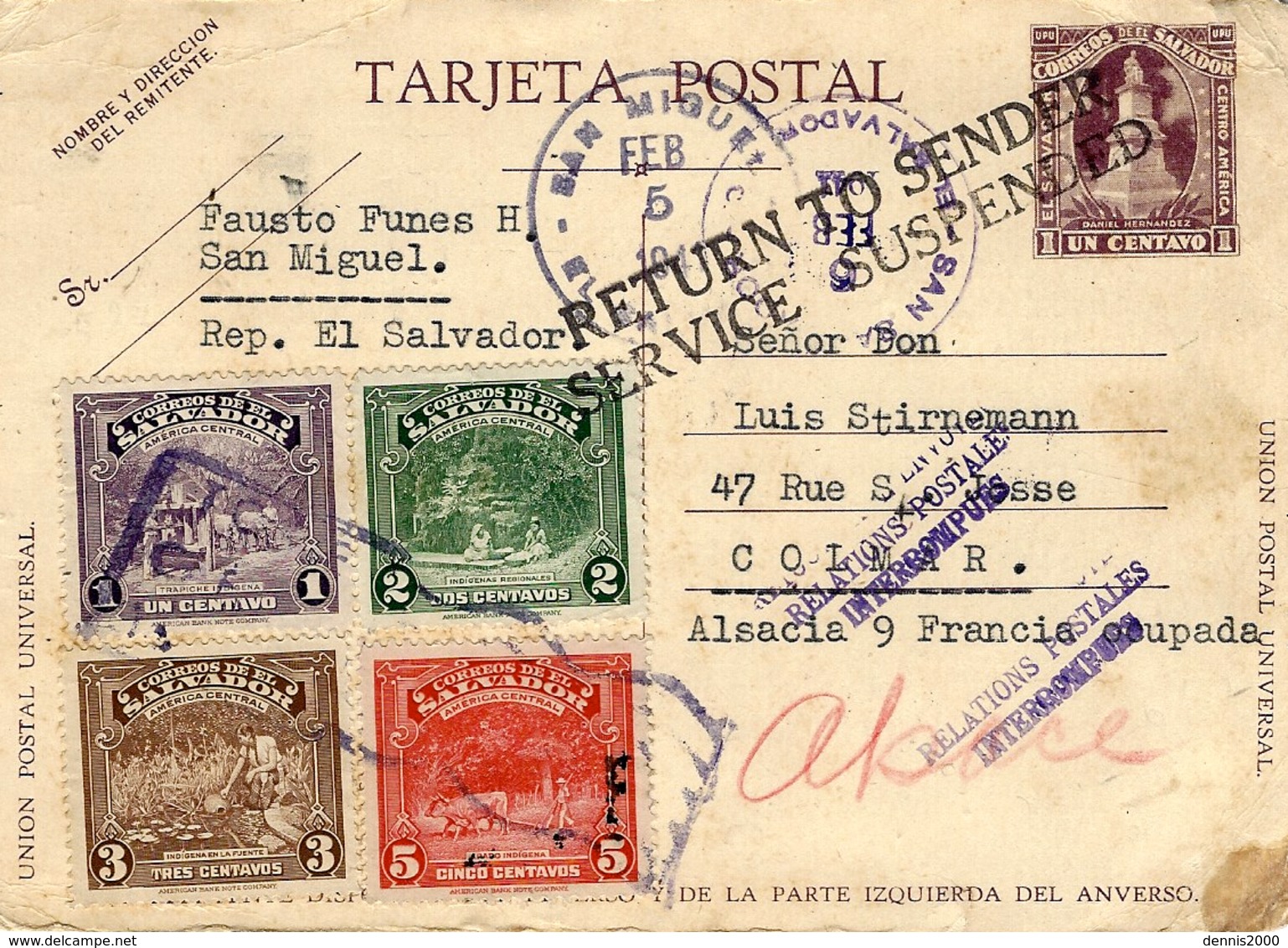 1941- C P E P 1 C. + Compl. 11 C. Avec " RETURN TO SENDER /SERVICE SUSPENDED  " ( Avec Alsace ) - WW II