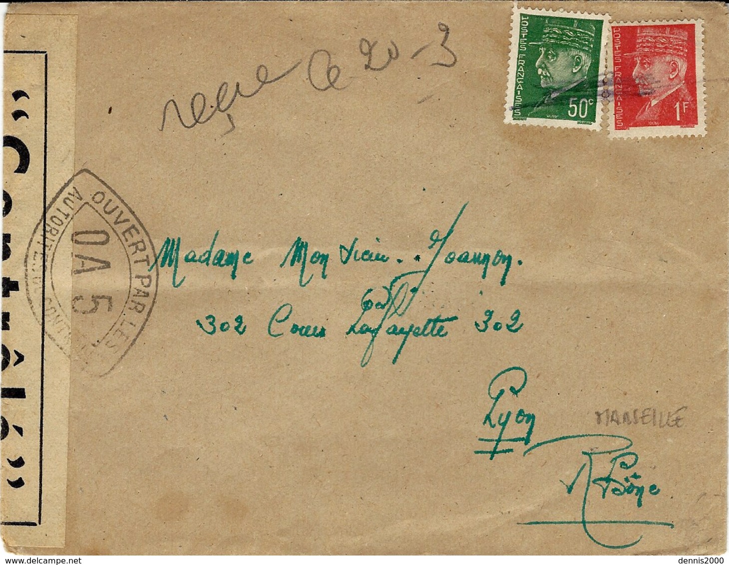 WWII - Enveloppe Affr. 1,50 F Pétain  Censure  Française O A 5  ( Marseille )  Pour Lyon - WW II