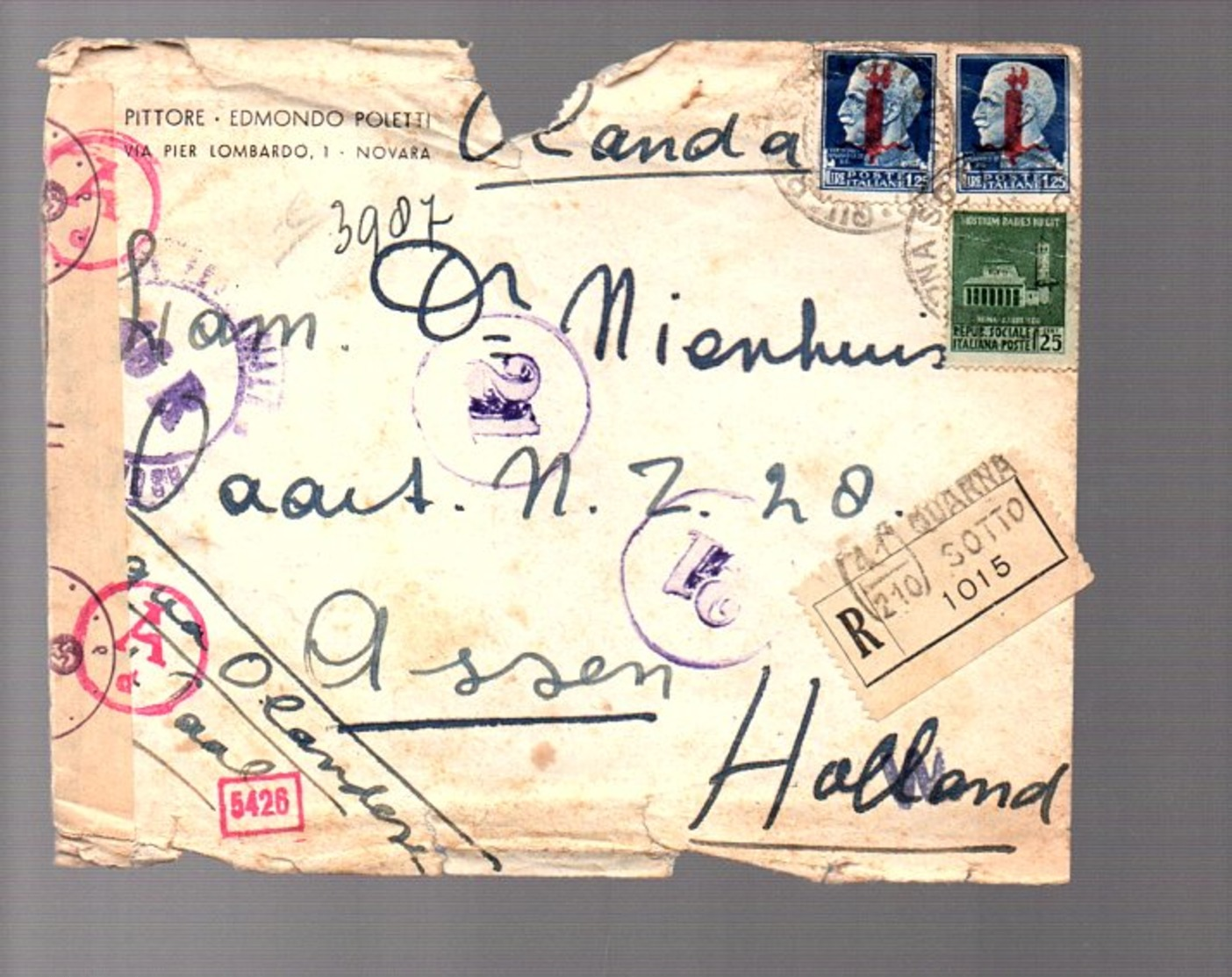 1944 Censor QUARNA-SOTTO Pittore Edmondo Poletti Novarra > Holland Assen (266) - Poststempel