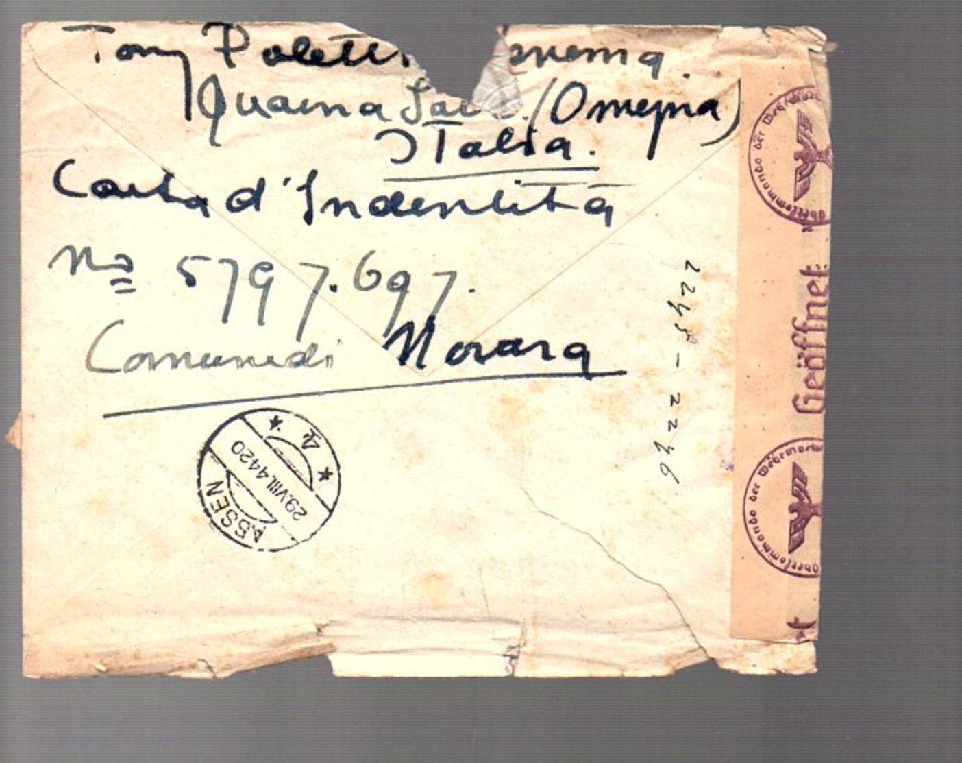 1944 Censor QUARNA-SOTTO Pittore Edmondo Poletti Novarra > Holland Assen (266) - Poststempel