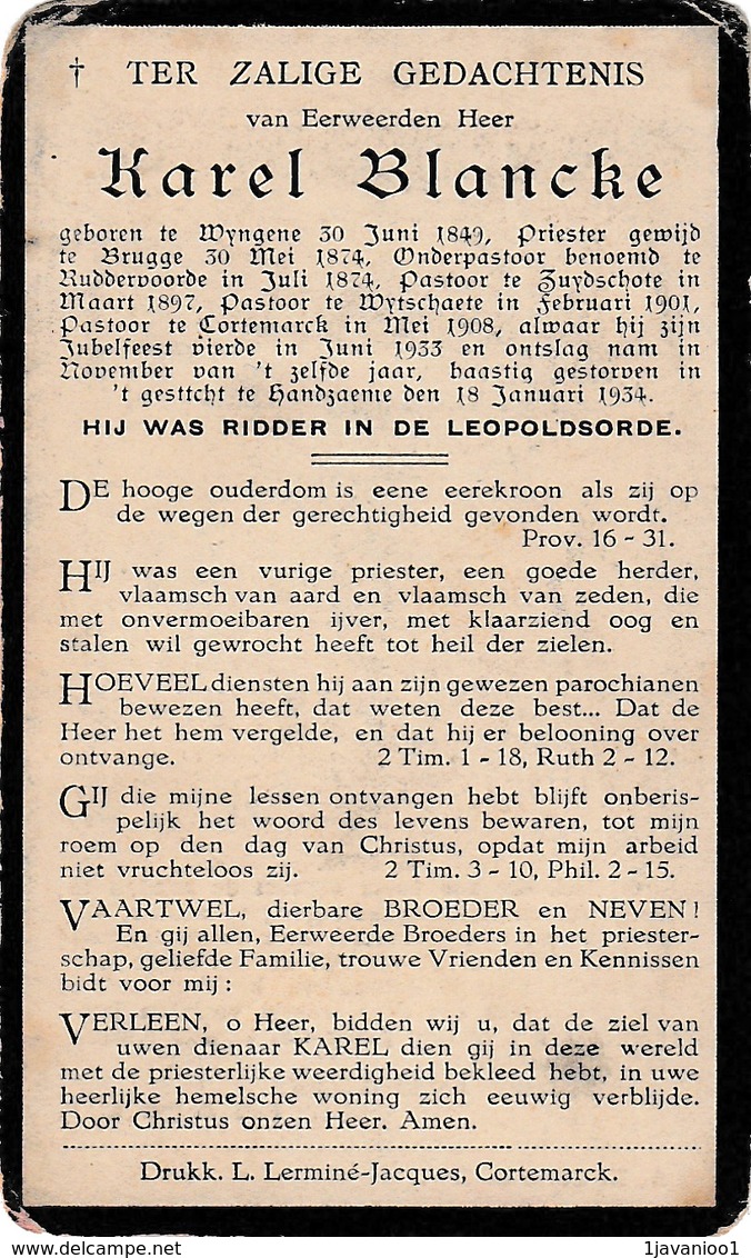 Priester, Abbé,  Karel Blancke, Wingene, Wyngene, Ruddervoorde, Zuydschote, Wijtschate, Kortemark, Handzame - Images Religieuses