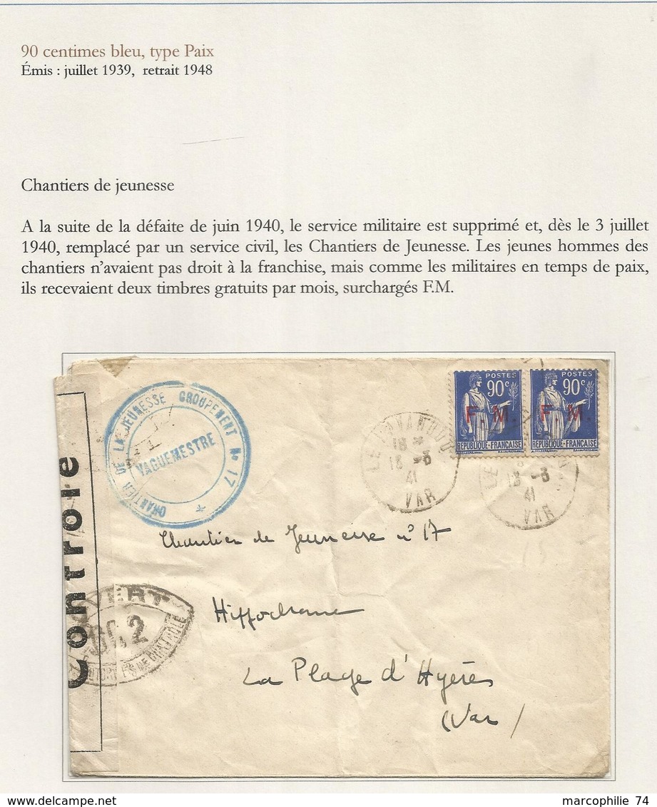 PAIX 90C FM PAIRE LETTRE Defaut LE LAVANDOU VAR 1941 + CHANTIERS DE JEUNESSE N°17+ CENSURE OC2 - Francobolli  Di Franchigia Militare