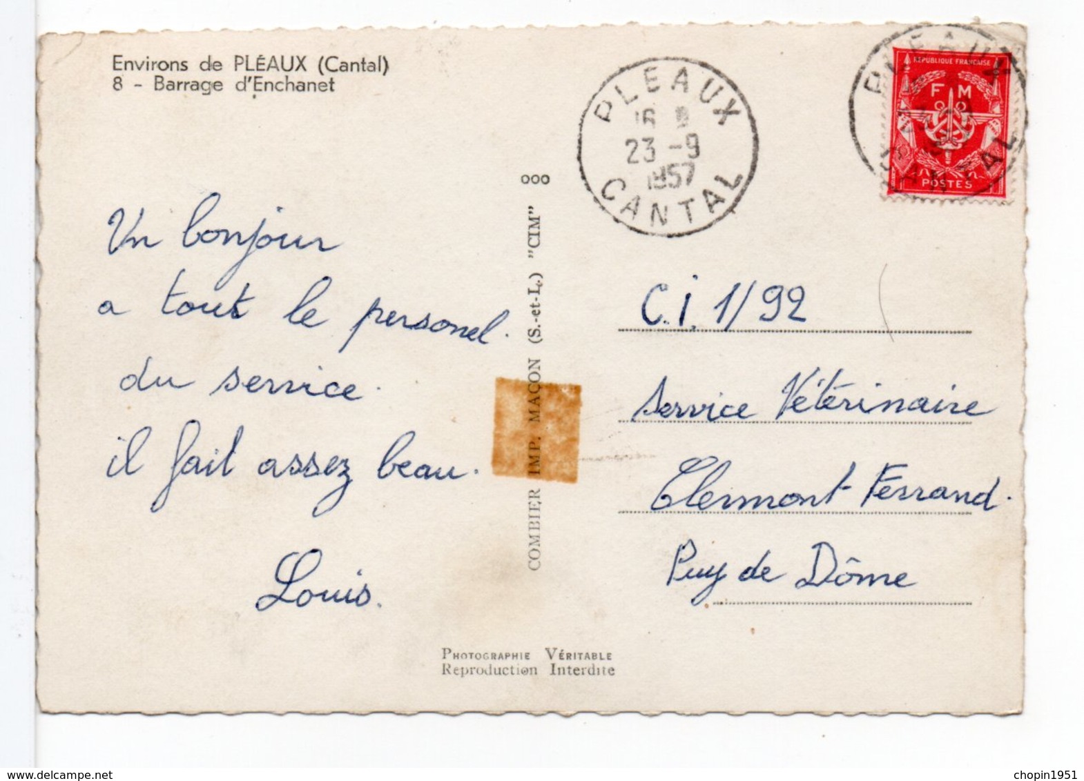 FRANCE - CACHET : PLEAUX (CANTAL) Sur Timbre FM / CP BARRAGE D'ENCHANET - 1921-1960: Période Moderne