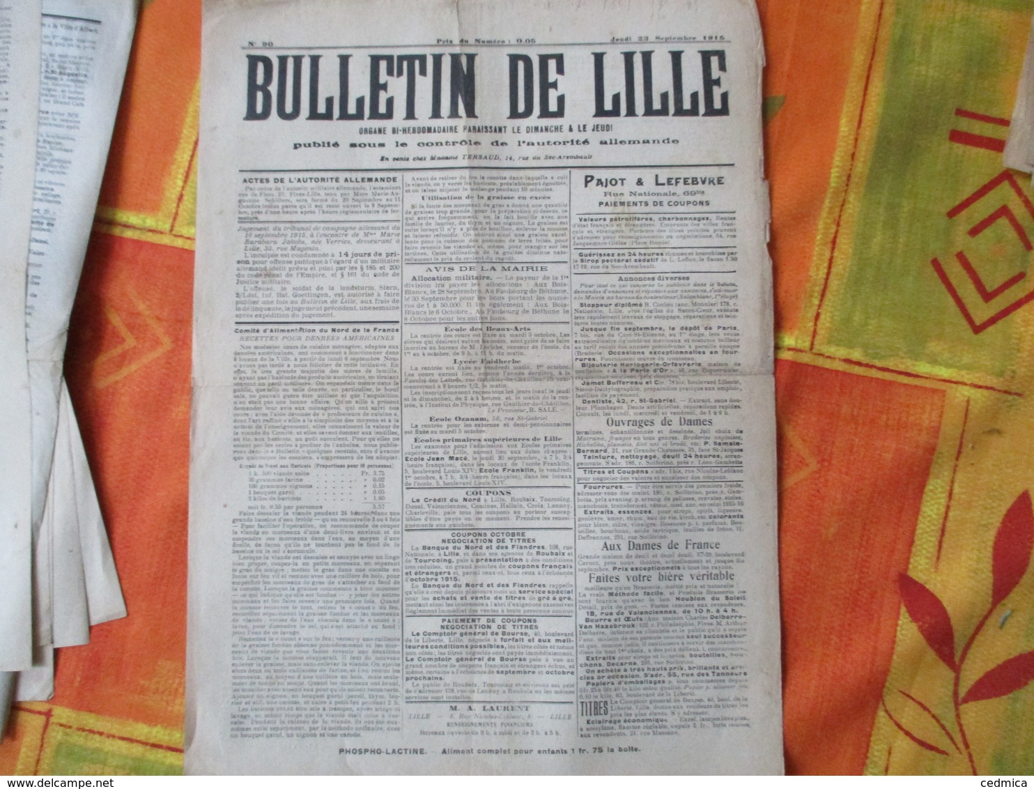 23 SEPTEMBRE 1915 BULLETIN DE LILLE  JOURNAL PUBLIE SOUS LE CONTRÔLE DE L'AUTORITE ALLEMANDE COMITE D'ALIMENTATION DU NO - 1914-18