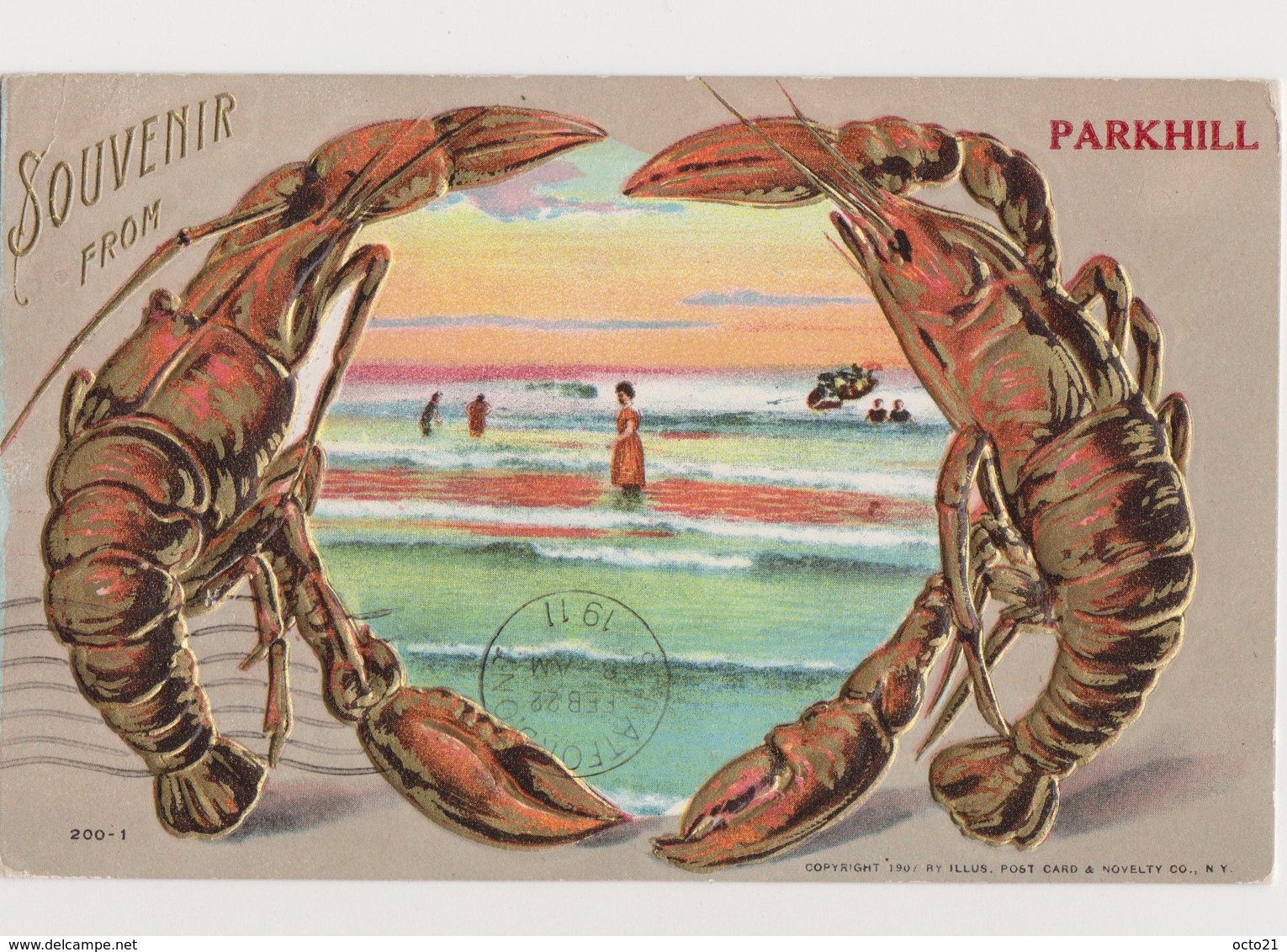 Carte Fantaisie Gaufrée Avec 2 Homards Et Vue Sur Mer /Souvenir From Parkhill ( Canada ) - Poissons Et Crustacés