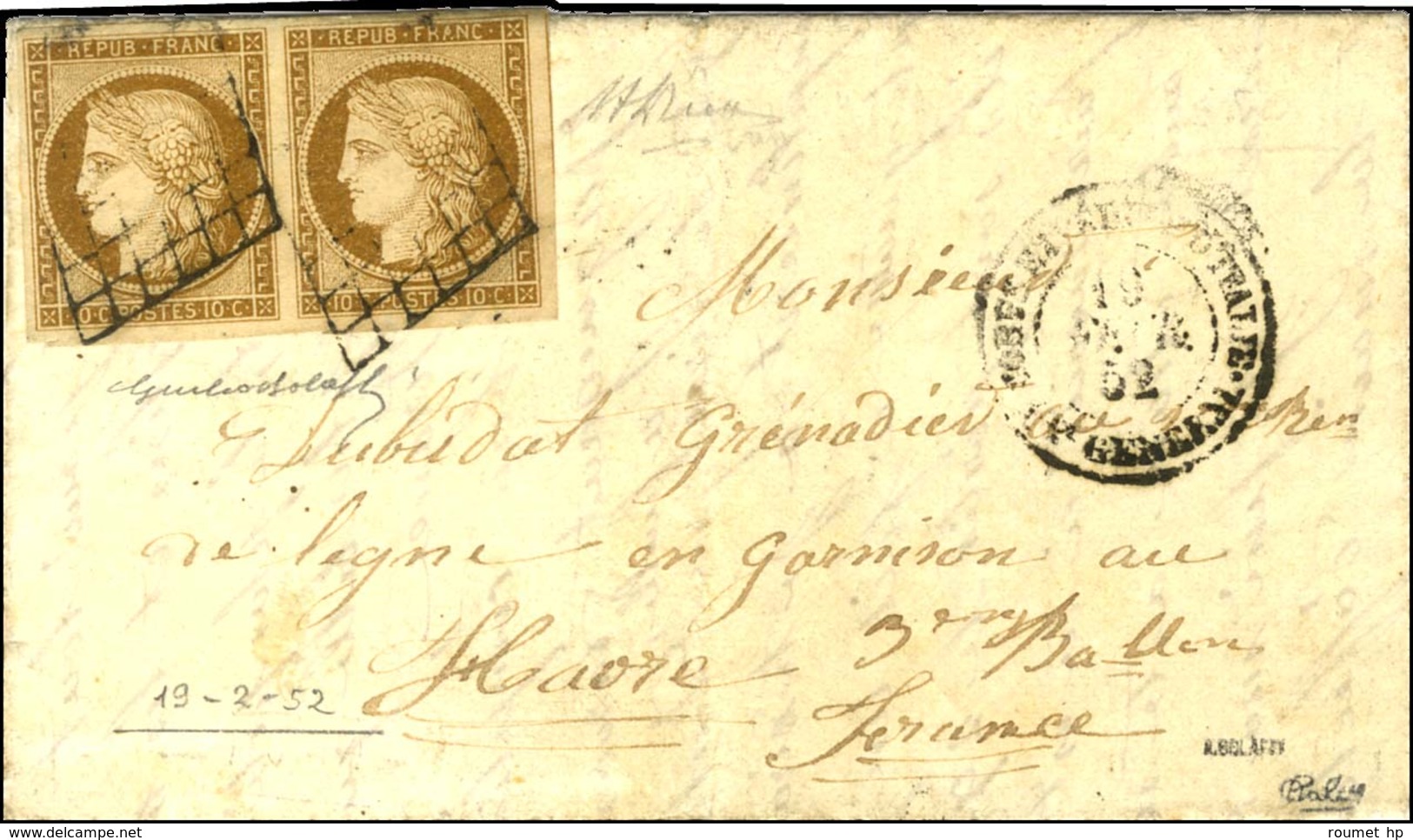 Grille / N° 1 Paire, Superbes Marges Càd COR.EXPED D'ITALIE / Qer GENERAL 19 FEVR. 52 Sur Lettre Avec Texte Daté De Rome - 1849-1850 Cérès