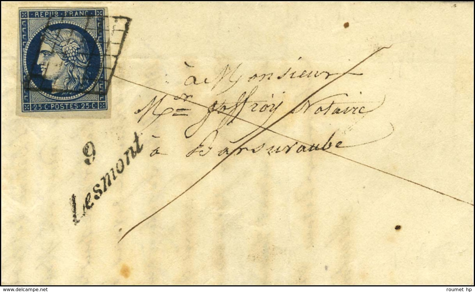 Grille / N° 4 Belles Marges, Cursive 9 / Lesmont Sur Lettre Avec Texte Pour Bar Sur Aude. Au Verso, Càd D'arrivée. 1851. - 1849-1850 Cérès