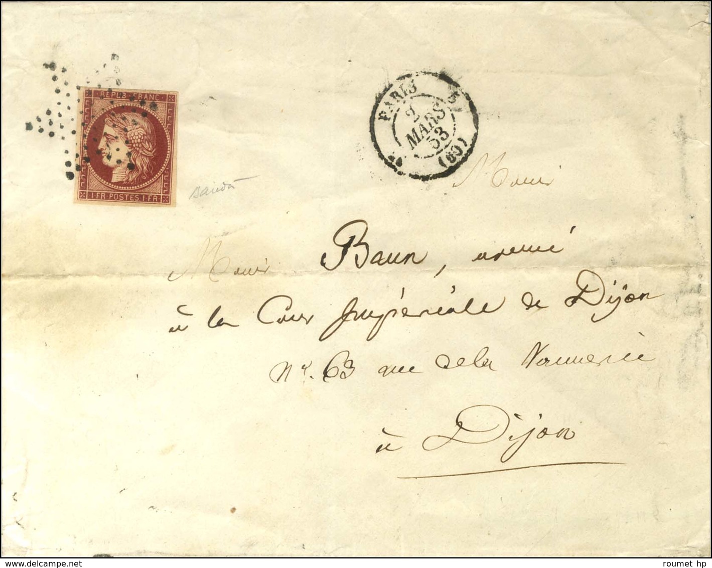 Etoile / N° 6 Très Belle Nuance Carmin Vif Proche Du Cerise Càd PARIS (60) Sur Lettre 3 Ports Pour Dijon. 1853. - TB / S - 1849-1850 Ceres