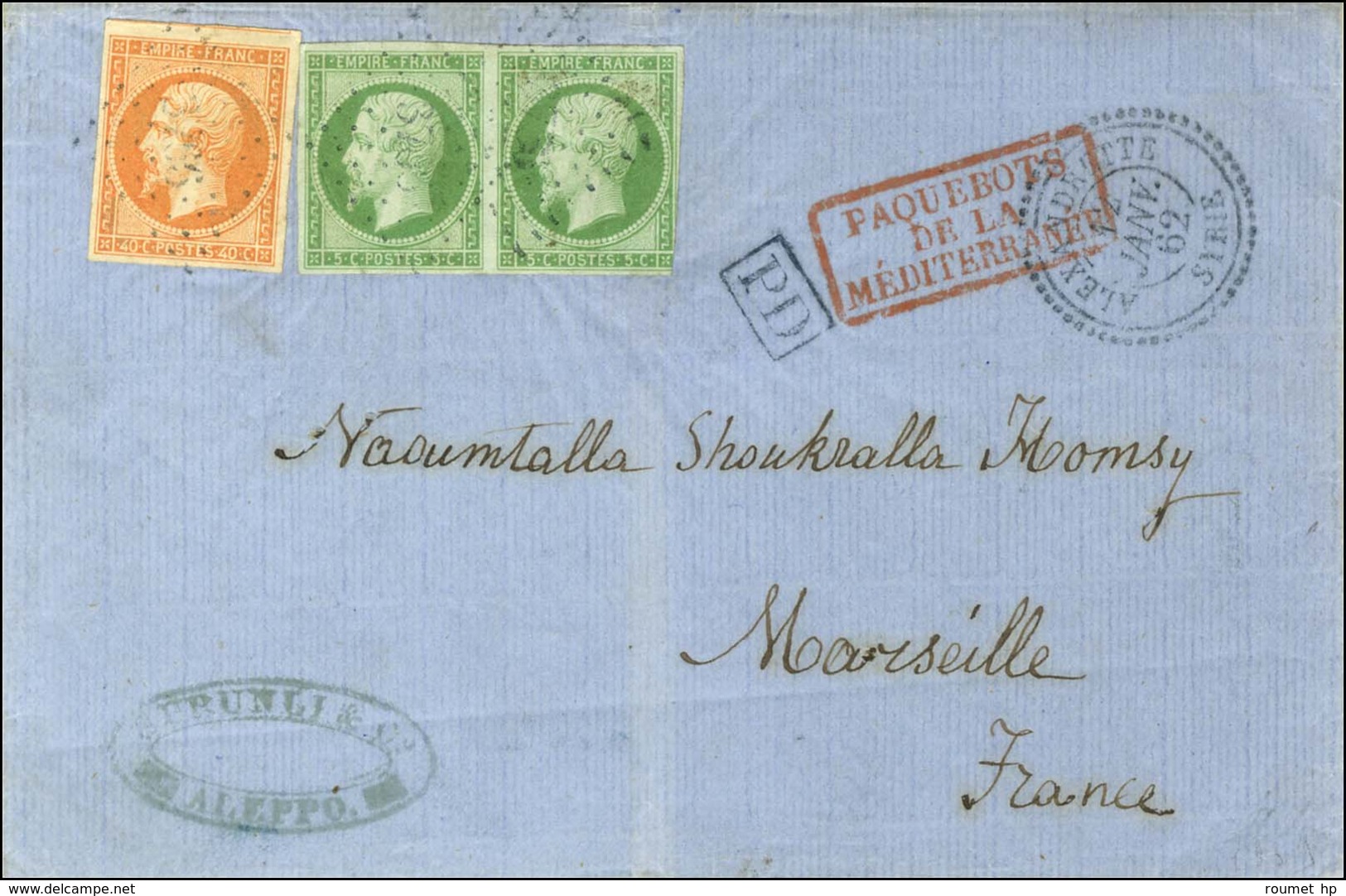 PC 3766 / N° 12 (paire, 1 Ex Infime Def) + N° 16 Càd T 22 ALEXANDRETTE / SYRIE Sur Lettre D'Alep (cachet Commercial Au R - 1853-1860 Napoléon III