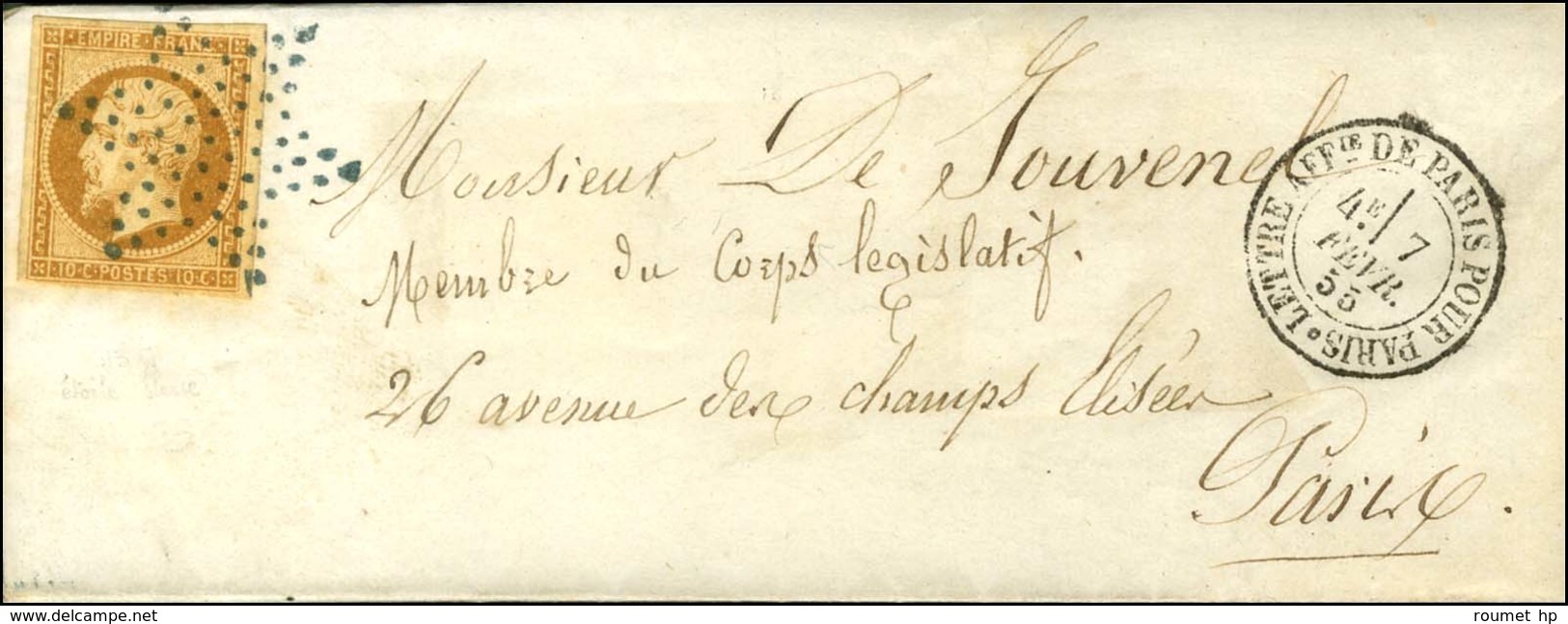Etoile Bleue / N° 13 Càd Càd LETTRE AFFie DE PARIS POUR PARIS Sur Lettre Avec Texte Pour Paris. 1855. - SUP. - R. - 1853-1860 Napoléon III