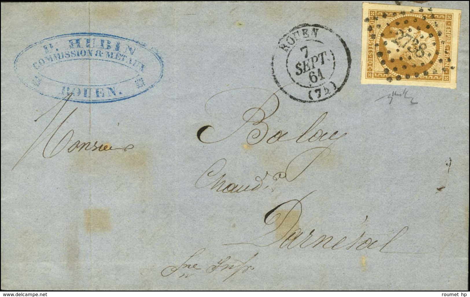 PC 2738 / N° 13 Type 2 Exceptionnelles Marges Càd T 15 ROUEN (74) Sur Lettre Au Tarif Des Recettes Réunies Pour Darnetal - 1853-1860 Napoléon III