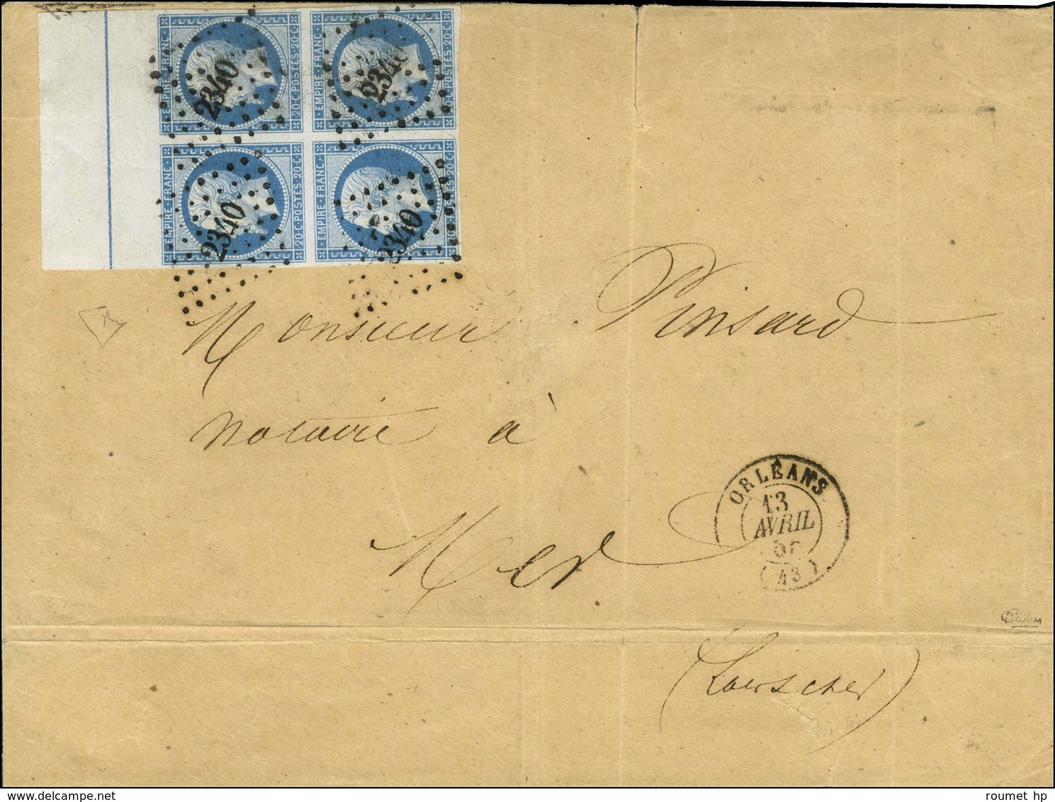 PC 2340 / N° 14 Type 1 Bleu Sur Azuré Bloc De 4 Grand Bdf Avec Filet D'encadrement Càd T 15 ORLEANS (43) Sur Lettre 3 Po - 1853-1860 Napoléon III