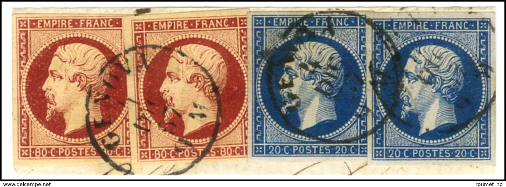 Càd GENOVA 4 DEC. 57 / N° 14 (2) Bleu Foncé + 17 (2) Superbe Nuance Sur Fragment De Lettre. - SUP. - R. - 1853-1860 Napoléon III