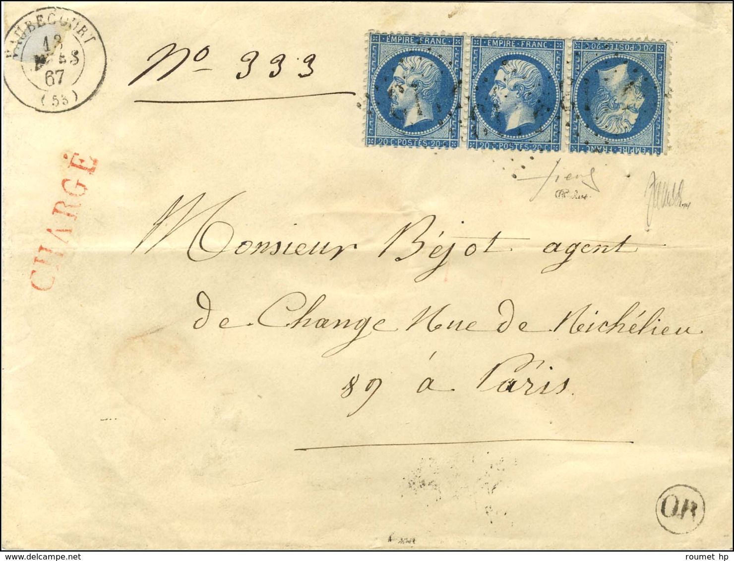 GC 4113 / N° 22 Bande De 3 Avec Tête-bêche Càd T 15 VAUBECOURT (53) Sur Lettre Chargée Pour Paris. 1867. Exceptionnel Us - 1862 Napoléon III