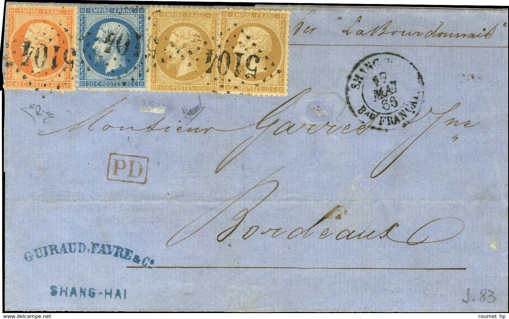 GC 5104 / N° 21 (2) 2 Nuances + N° 22 + N° 23 Càd SHANGHAI / Bau FRANCAIS Sur Lettre Pour Bordeaux. 1866. Bel Affranchis - 1862 Napoléon III