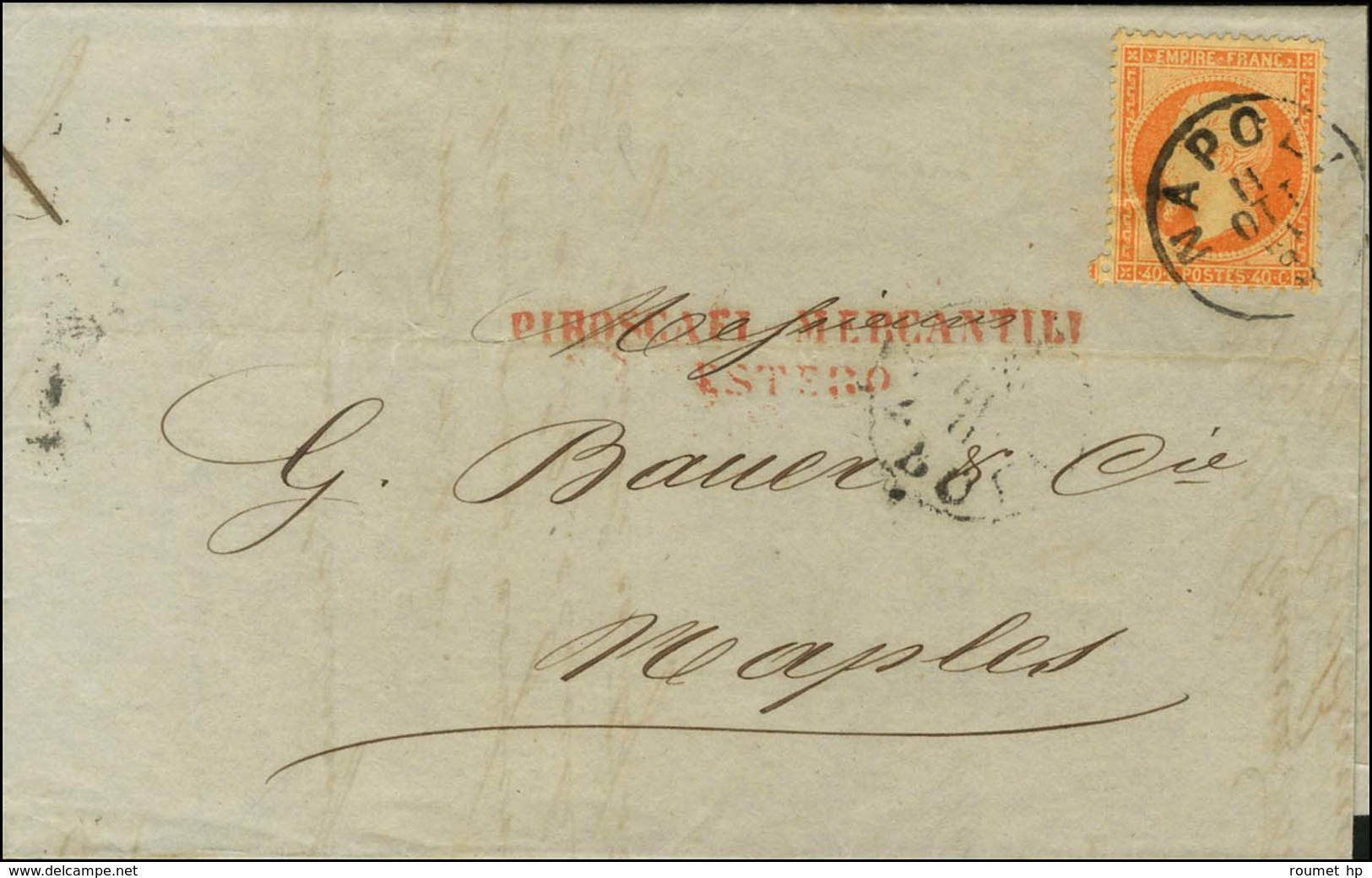 Càd NAPOLI / N° 23 Griffe Rouge PIROSCAFI MERCANTILI / ESTERO Sur Lettre Avec Texte De Marseille Pour Naples. 1864. - SU - 1862 Napoléon III