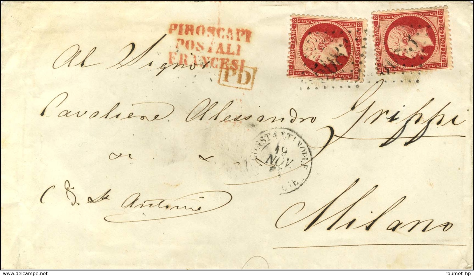 GC 5083 / N° 24 (2) Superbe Nuance Càd CONSTANTINOPLE / TURQUIE Sur Lettre Pour Milan. 1864. - TB. - 1862 Napoléon III