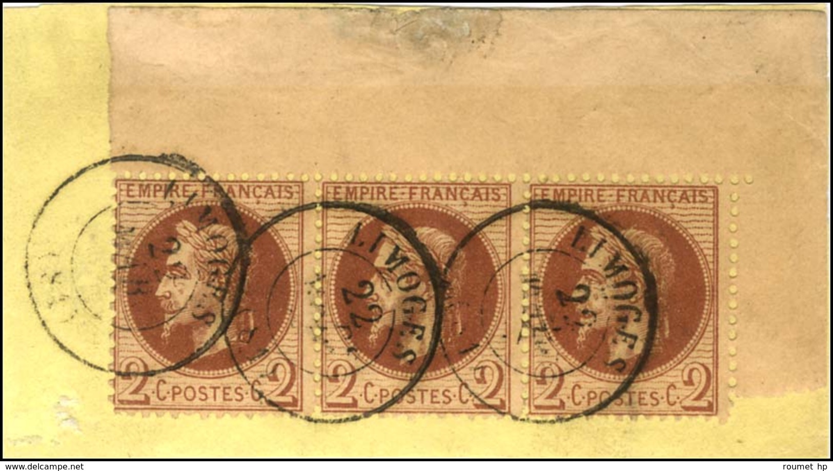 Càd T 15 LIMOGES (81) / N° 26 Bande De 3 Cdf Intégral Avec Fond De Sûreté Sur Fragment De Lettre. - TB / SUP. - 1863-1870 Napoléon III Con Laureles