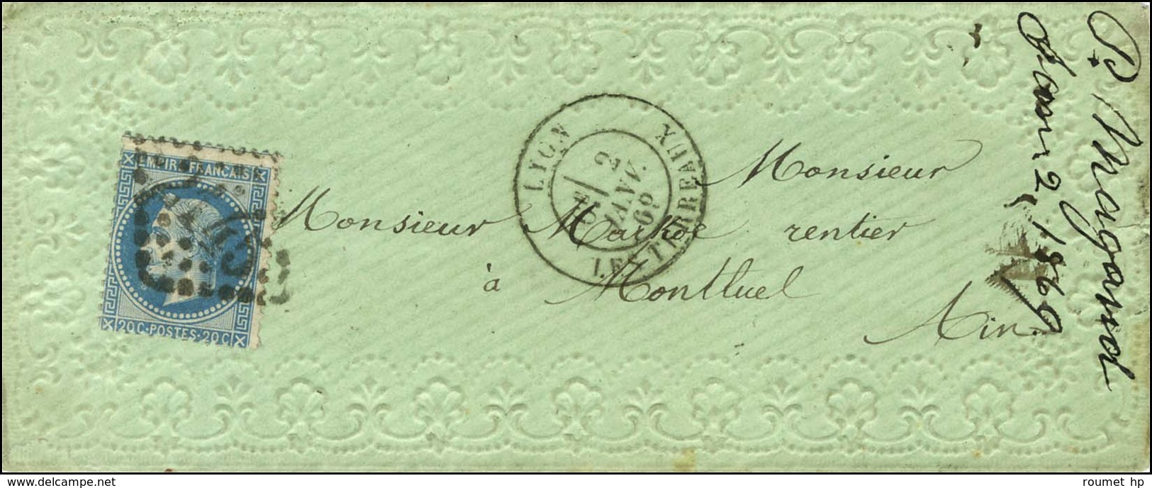 GC 2145 / N° 29 Càd LYON / LES TERREAUX Sur Enveloppe Romantique Gauffrée De Couleur Verte Adressée à Montluel. 1869. -  - 1863-1870 Napoléon III Con Laureles