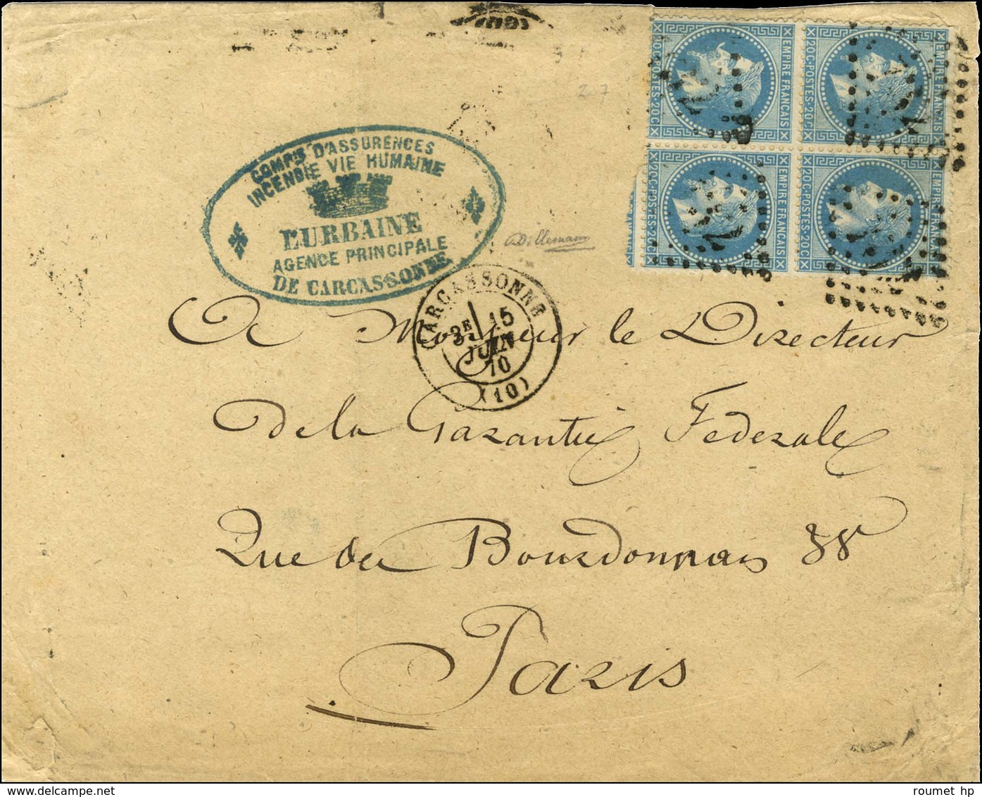 GC 732 / N° 29 Bloc De 4 (1 Ex Variété à La Corne) Càd T 17 CARCASSONNE (10) Sur Lettre 3 Ports Pour Paris. 1870. - TB / - 1863-1870 Napoléon III Lauré