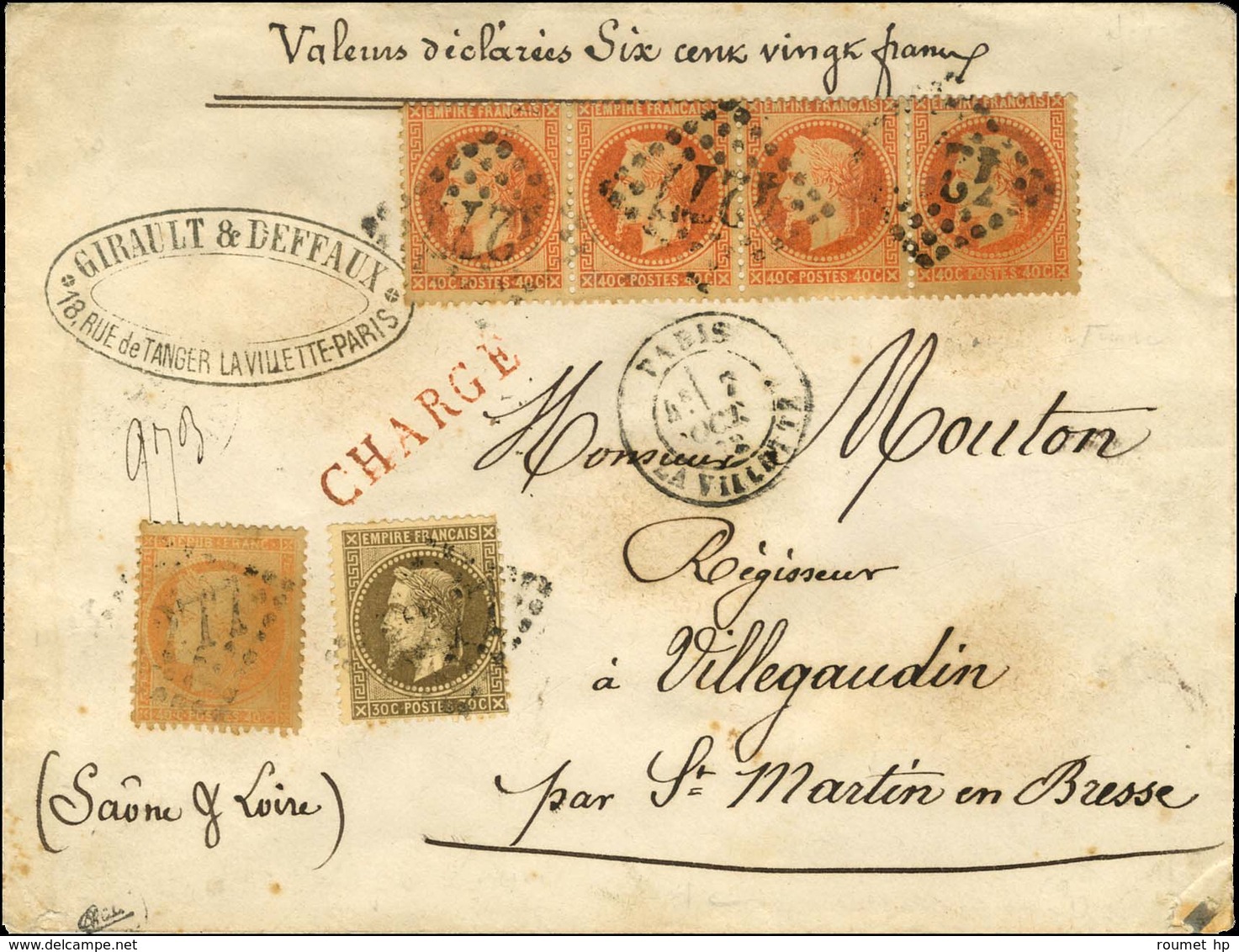 GC 4277 / N° 30 + 31 Bande De 4 + 38 Càd PARIS / LA VILLETTE Sur Lettre Chargée. 1872. - TB / SUP. - R. - 1863-1870 Napoléon III Con Laureles