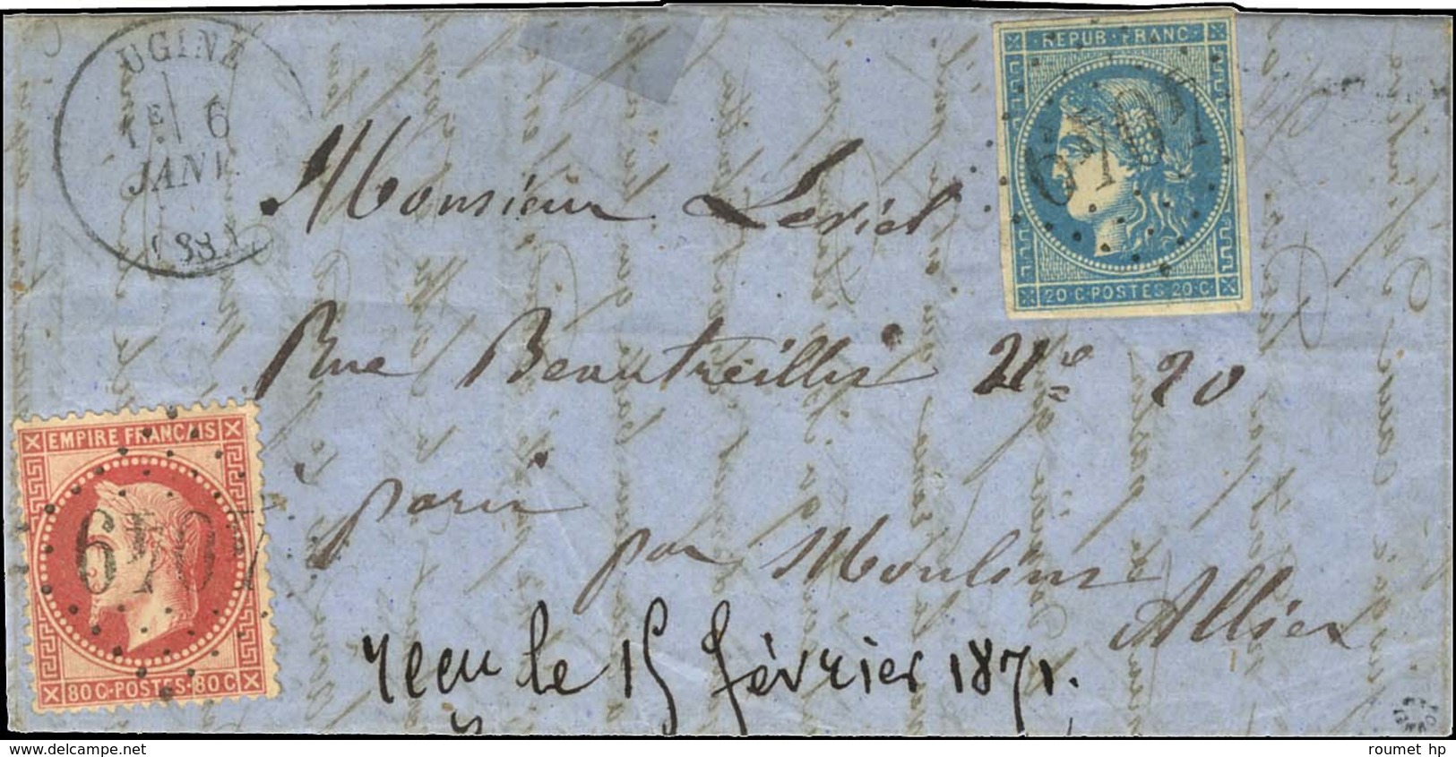 GC 4049 / N° 32 + 45 Càd T 16 UGINE (88) 6 JANV. 71 Sur Boule De Moulins, Mention Manuscrite D'arrivée '' Reçu Le 15 Fév - 1863-1870 Napoléon III. Laure