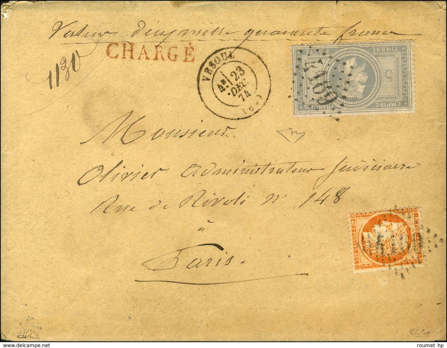 GC 4169 / N° 33 + 38 Càd T 17 VESOUL (69) Sur Lettre Chargée Pour Paris, Au Verso Descriptif De Chargement. 1874. - SUP. - 1863-1870 Napoléon III Con Laureles