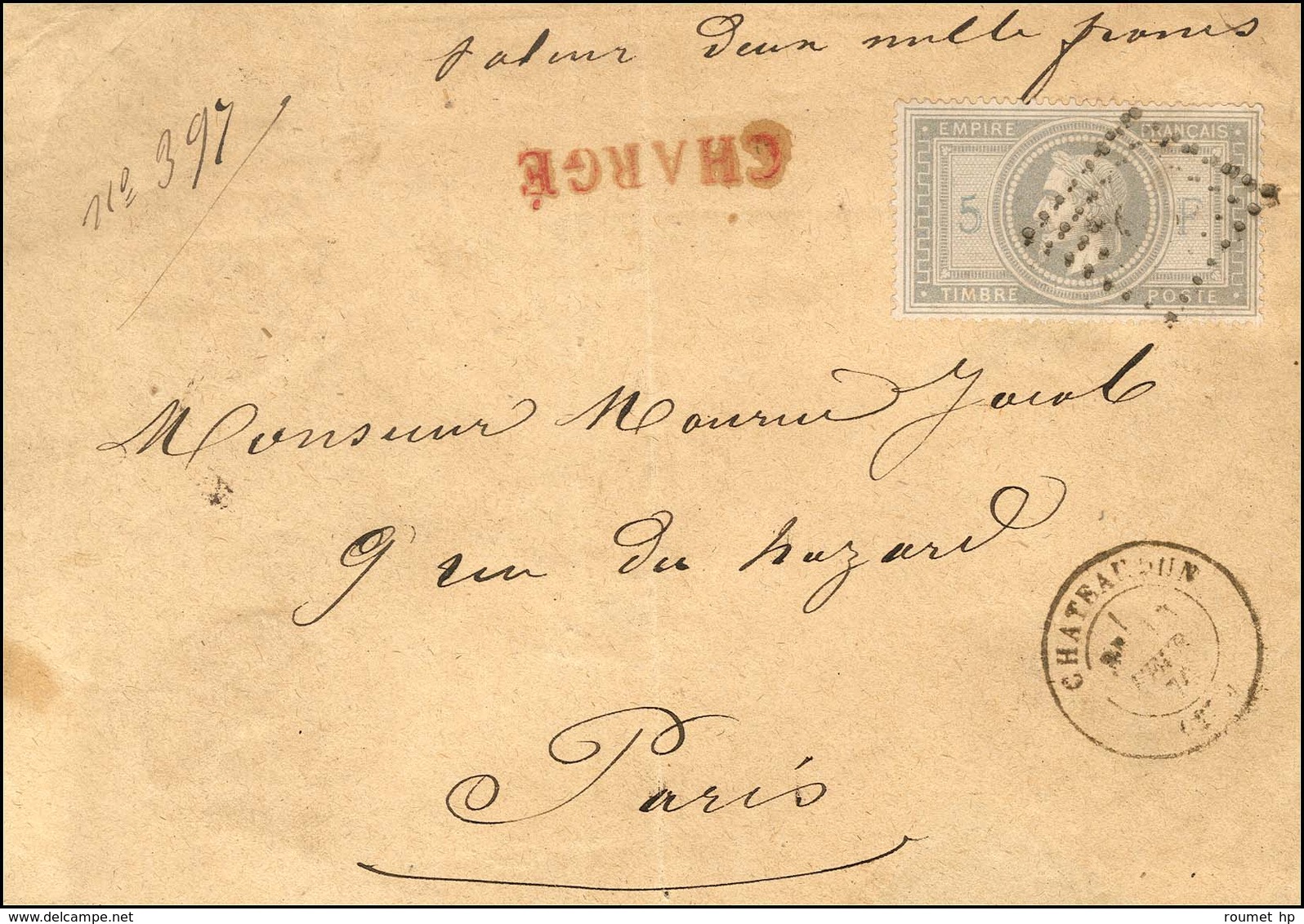 GC 930 / N° 33, Seul Sur Lettre Chargée (descriptif De Chargement Au Verso), Càd T 17 CHATEAUDUN (27), Mention Manuscrit - 1863-1870 Napoléon III. Laure