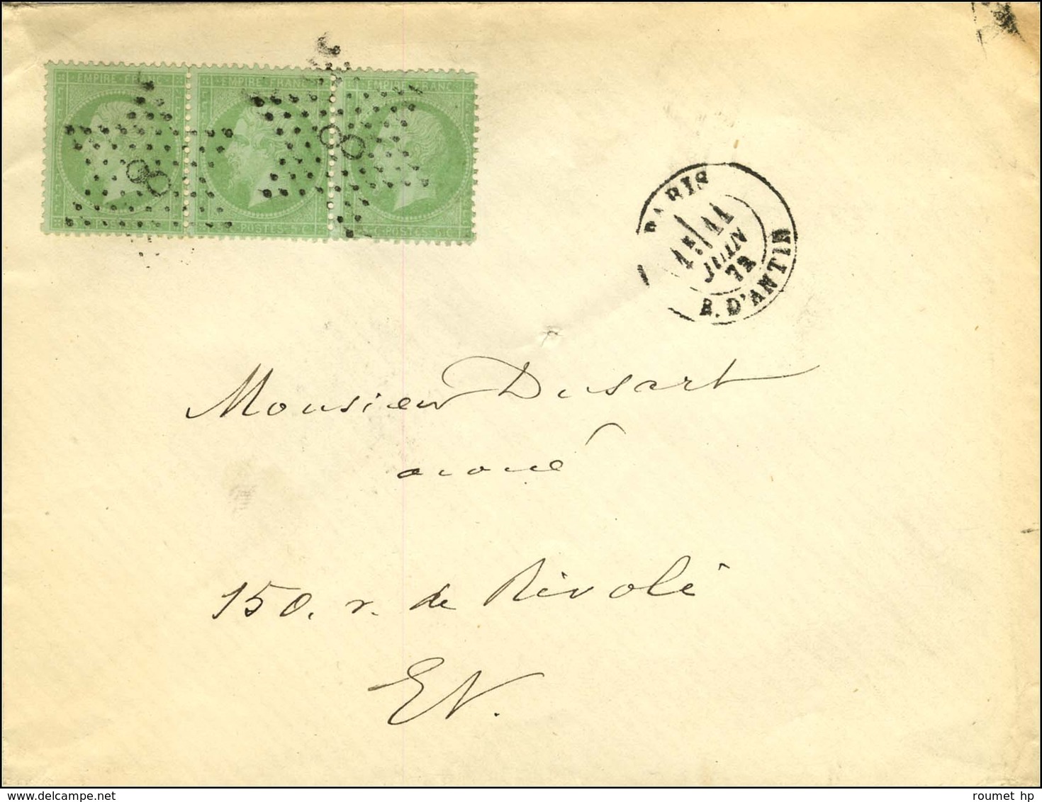 Etoile 8 / N° 35 Bande De 3 Càd PARIS / R. D'ANTIN Sur Lettre Adressée Localement. 1872. - SUP. - R. - 1870 Asedio De Paris