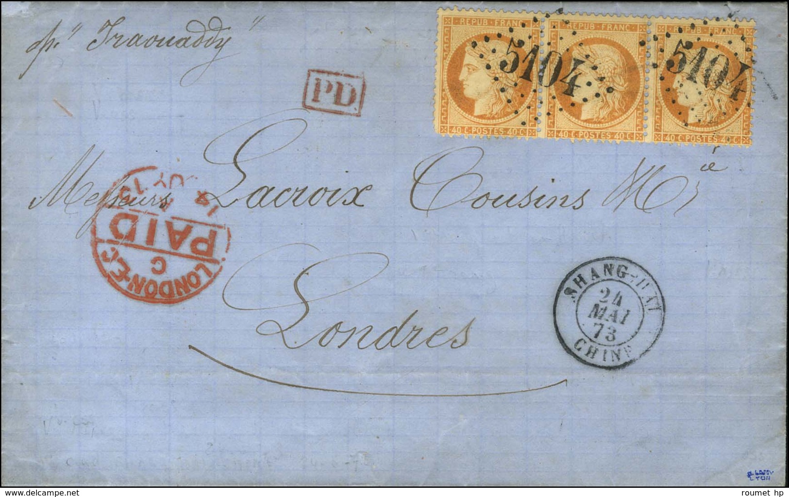 GC 5104 / N° 38 Bande De 3 Càd SHANG-HAI / CHINE Sur Lettre Avec Texte Pour Londres Càd D'arrivée Au Recto. 1873. - SUP. - 1870 Asedio De Paris