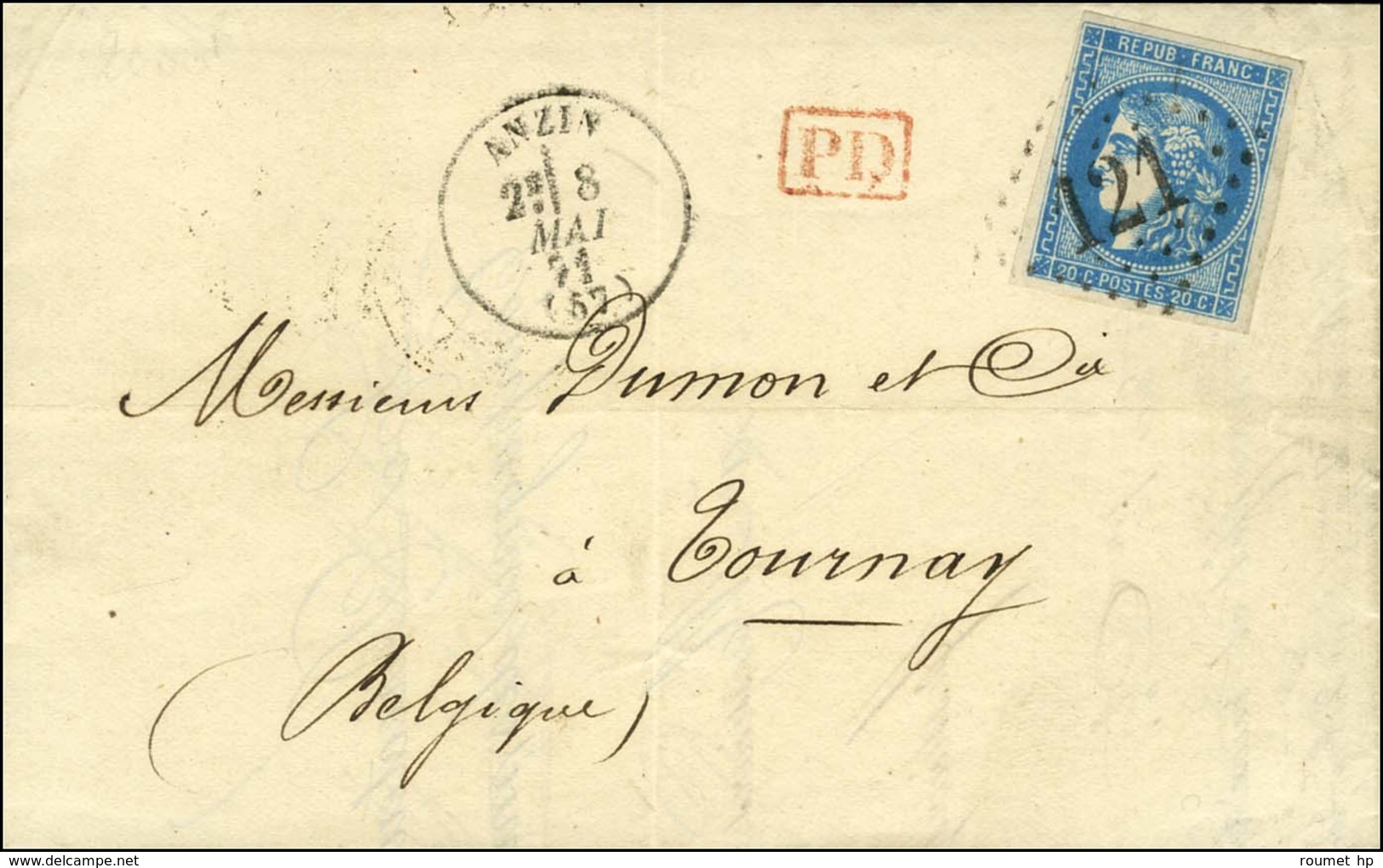 GC 121 / N° 46 Càd T 16 ANZIN (57) Sur Lettre Au Tarif Frontalier Pour Tournay. 1871. - SUP. - R. - 1870 Emisión De Bordeaux