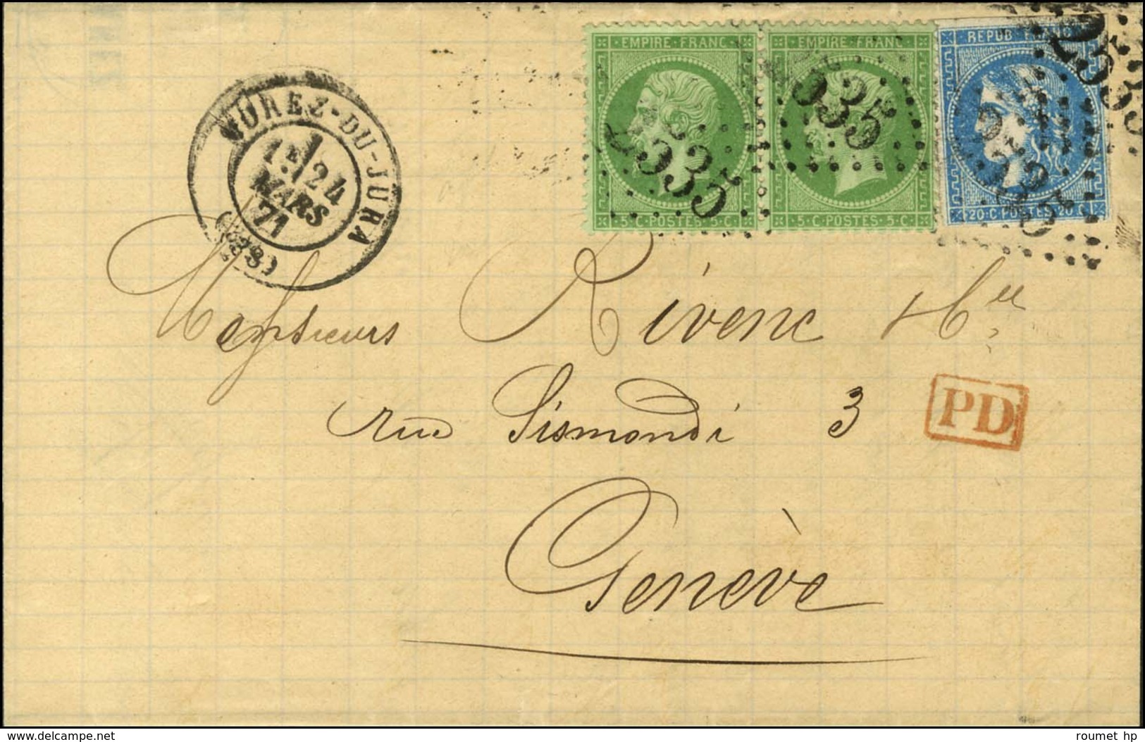 GC 2535 / N° 20 Paire + 46 Càd T 17 MOREZ-DU-JURA (38) Sur Lettre Pour Genève. 1871. - TB / SUP. - R. - 1870 Emisión De Bordeaux