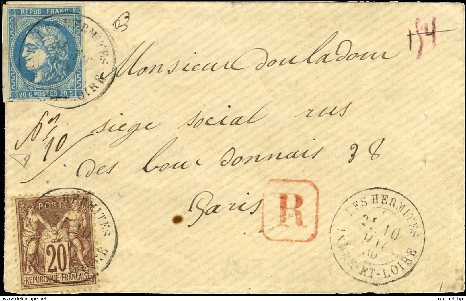 Càd T 18 LES HERMITES / INDRE-ET-LOIRE / N° 46 Très Belles Marges + N° 67 Sur Lettre Recommandée Pour Paris. Exceptionne - 1870 Emisión De Bordeaux