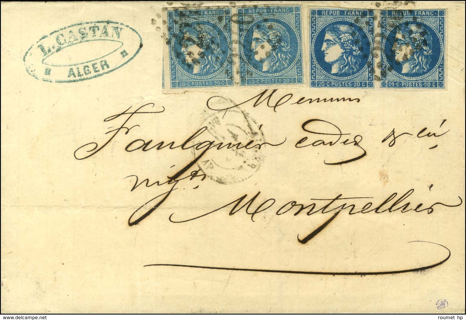 GC 2240 / N° 45 Paire + 46 Paire Bleu Foncé (1 Ex Leg Def) Càd ALGER / BAT A VAP Sur Lettre D'Alger Pour Montpellier. 18 - 1870 Bordeaux Printing