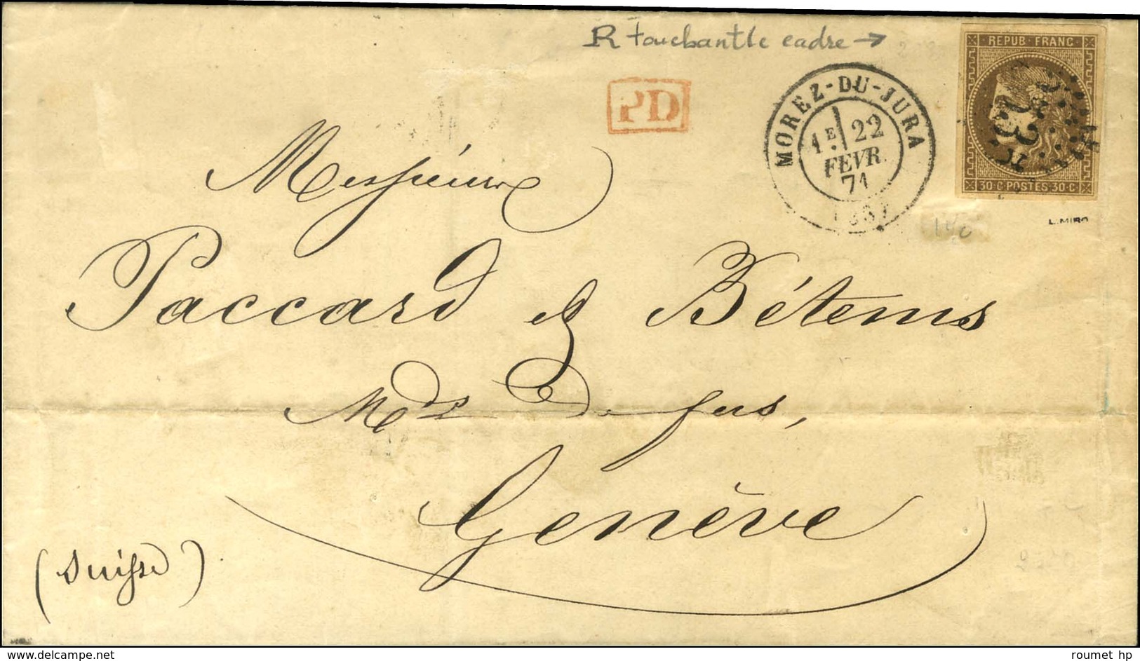 GC 2535 / N° 47 Belles Marges Variété R Relié Au Cadre Càd T 17 MOREZ-DU-JURA (38) Sur Lettre Pour Genève. 1871. - TB /  - 1870 Bordeaux Printing