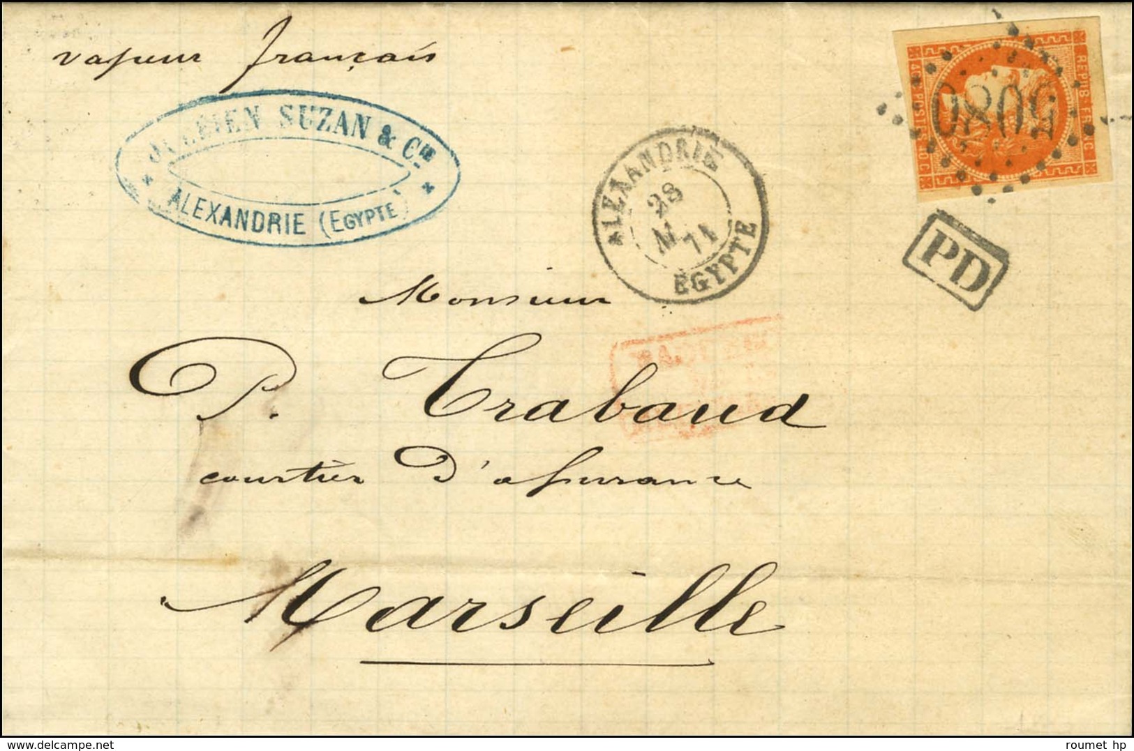 GC 5080 / N° 48 Càd ALEXANDRIE / EGYPTE Sur Lettre D'Alexandrie Pour Marseille. 1871. - SUP. - R. - 1870 Bordeaux Printing