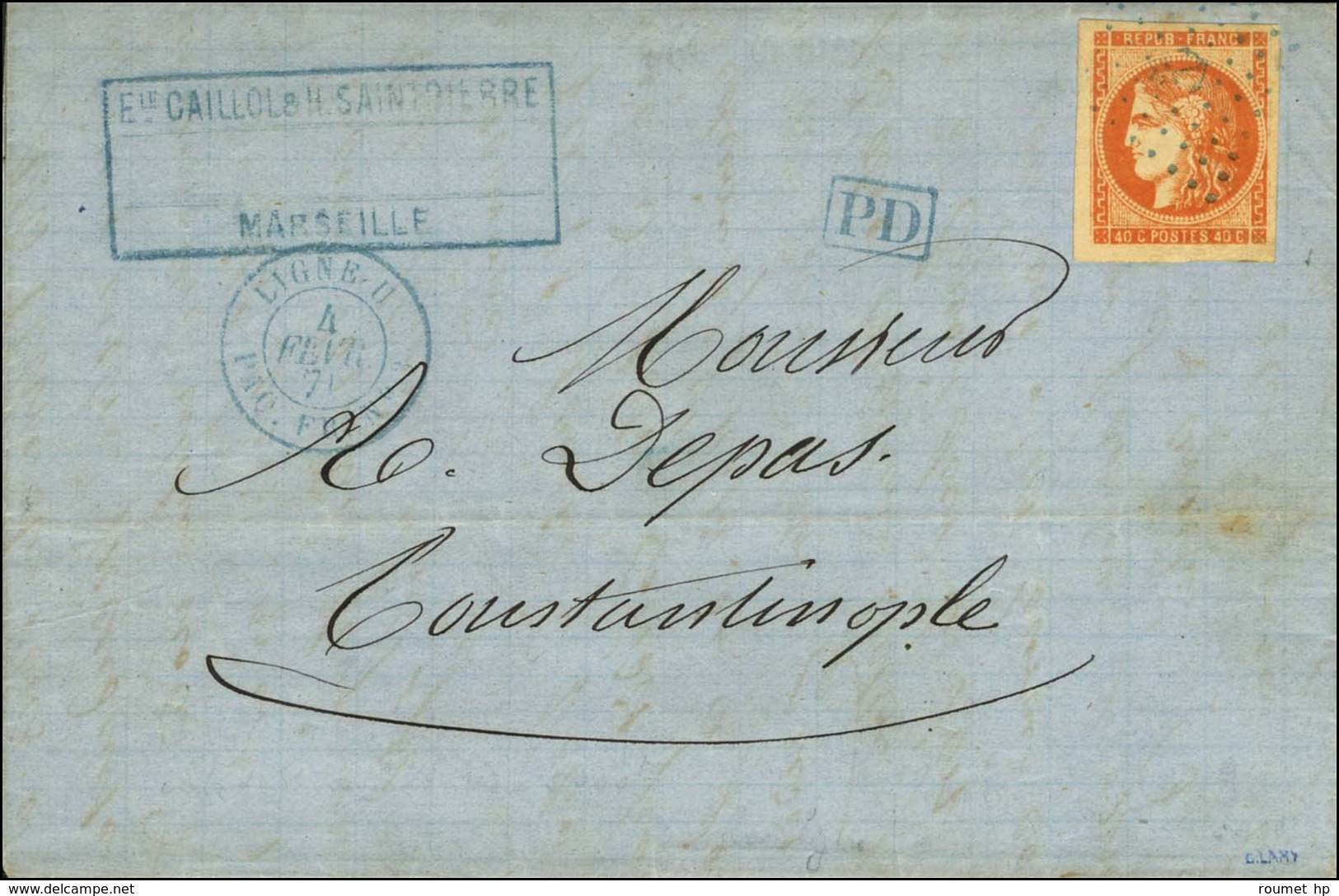 Ancre Bleue / N° 48 Càd Bleue LIGNE U / PAQ.FR. N° 3 Sur Lettre De Marseille Pour Constantinople. 1871. - SUP. - R. - 1870 Emisión De Bordeaux