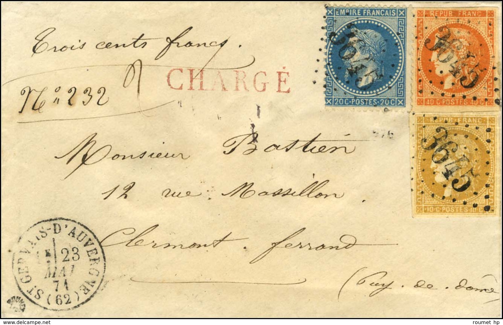 GC 3645 / N° 29 + 43 + 48 Càd T 16 ST GERVAIS-D'AUVERGNE (62) Sur Lettre Chargée. 1871. Superbe Affranchissement Tricolo - 1870 Emisión De Bordeaux