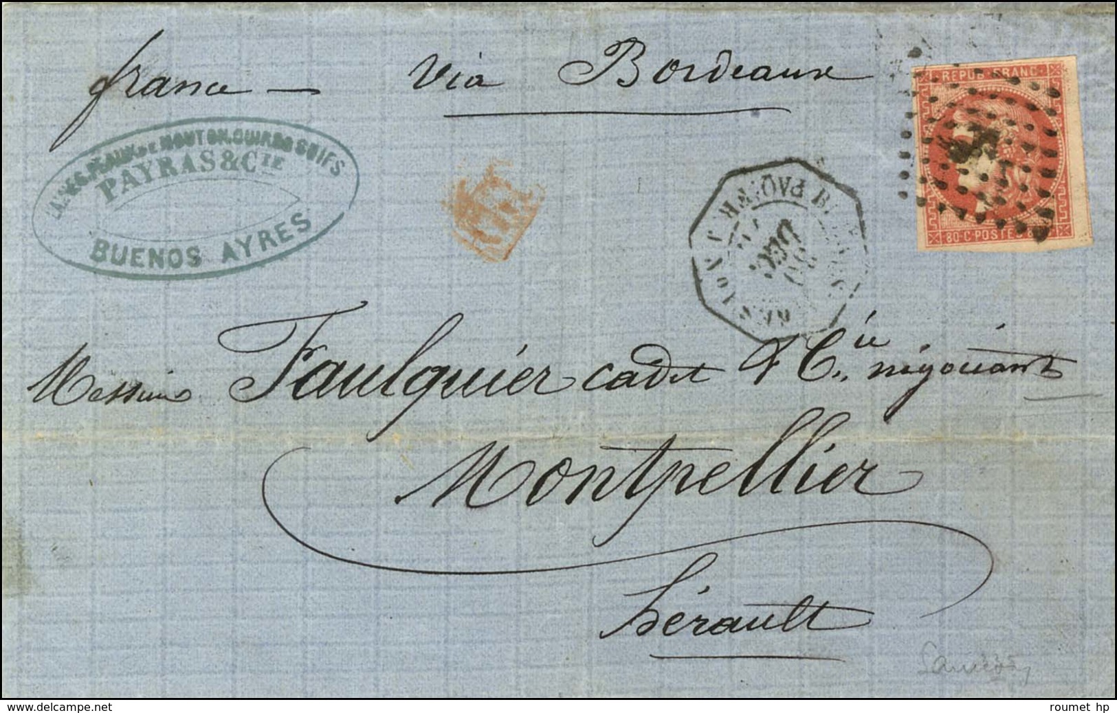 Ancre / N° 49 Nuance Saumon Belles Marges Càd BUENOS AYRES / PAQ. FR J N° 1 30 DEC. 70 Sur Lettre De Buenos Ayres Pour M - 1870 Bordeaux Printing