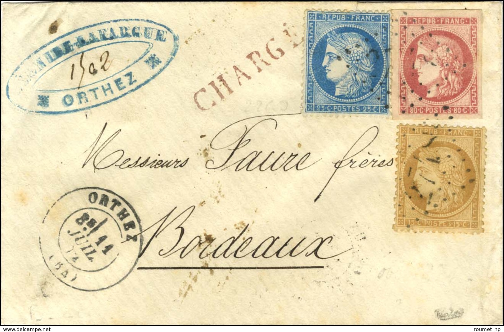 GC 2748 / N° 49 Très Belles Marges + 59 + 60 Càd T 17 ORTHEZ (64) Sur Lettre Chargée Pour Bordeaux. 1872. - SUP. - R. - 1870 Bordeaux Printing