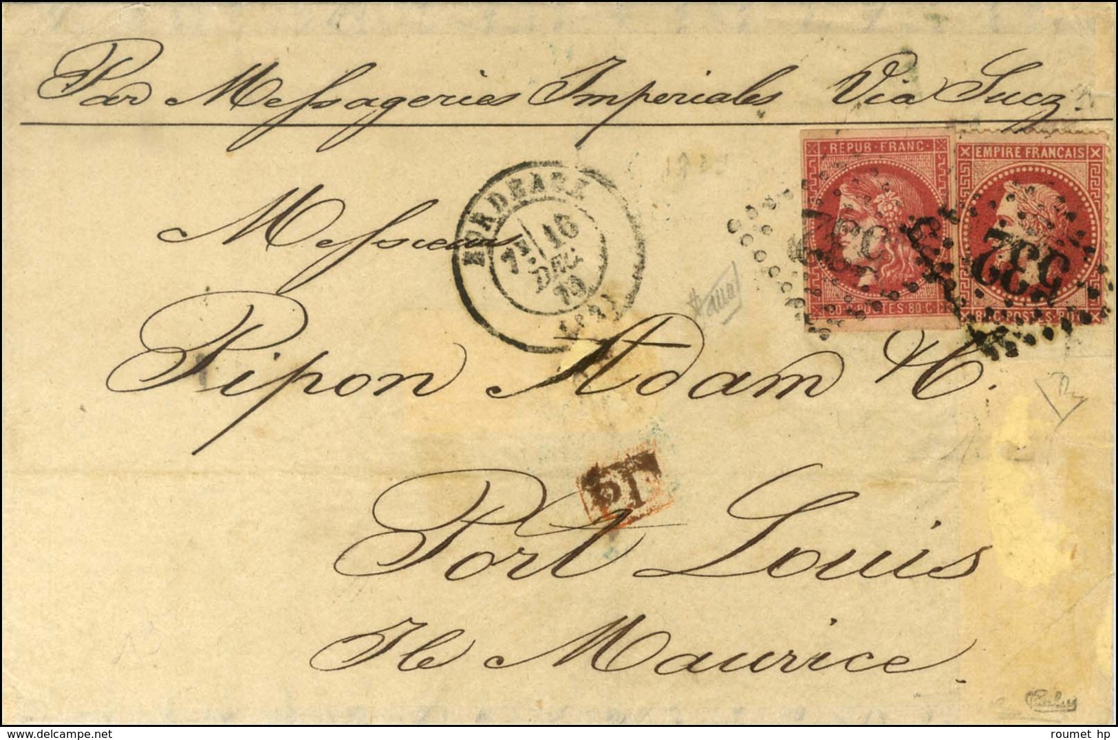 GC 532 / N° 32 + 49 Càd T 17 BORDEAUX (32) Sur Lettre 2 Ports Pour Port-Louis (Île Maurice). 1870. Exceptionnelle Combin - 1870 Bordeaux Printing