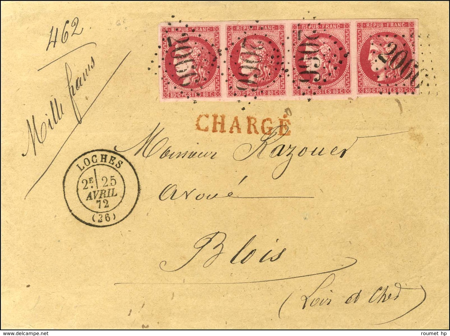 GC 2066 / N° 49 Rose Vif Bande De 4, Superbes Marges Càd T 17 LOCHES (36) Sur Devant De Lettre Chargée Pour Blois. 1872. - 1870 Bordeaux Printing