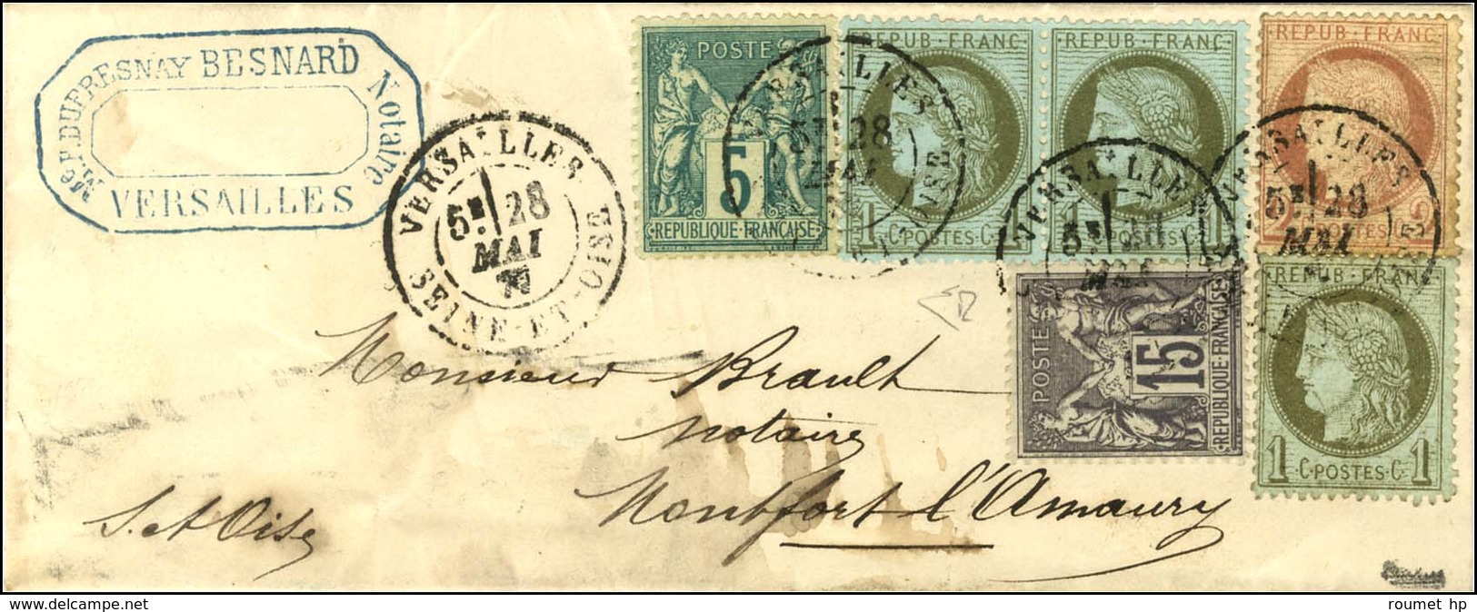 Càd T 18 VERSAILLES / SEINE-ET-OISE / N° 50 (3) + 61 + 75 + 77 Sur Lettre Pour Montfort L'Amaury. 1877. - SUP. - R. - 1871-1875 Ceres